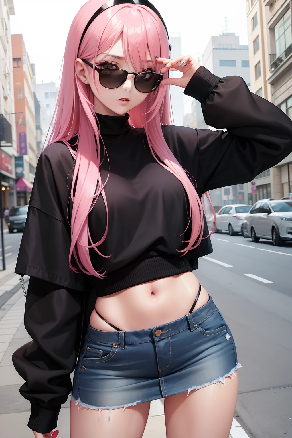 (16k cg wallpaper, 16k ultra hd, 8k cg wallpaper, 8k ultra hd, photograpic), (messy hair, bright pink hair, long hair), (blue eyes, blue iris, black pupil, white sclera, symmetrical eyes), (wide hips, thin waist, six pack, 175cm tall, 55kg weight, symmetrical body, well proportioned body), (medium sized boobs, symmetrical boobs), ((jeans, blue, jeans pants) and (fabric, black, thong) and (fabric, black croptop jacket) and (fabric, white croptop t-shirt)),