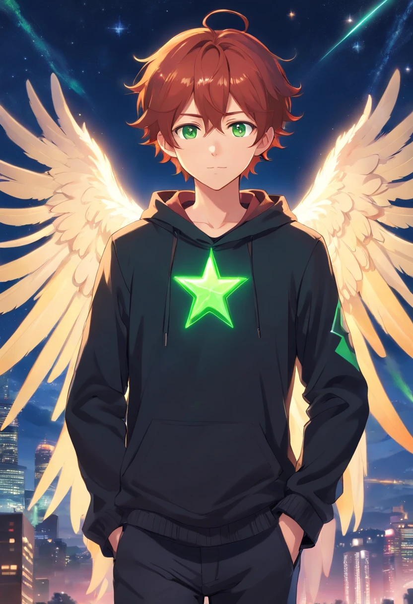 A young age man with curly red hair, vibrant green eyes in a black outfit, is framed pairs of angel wings holding a star;