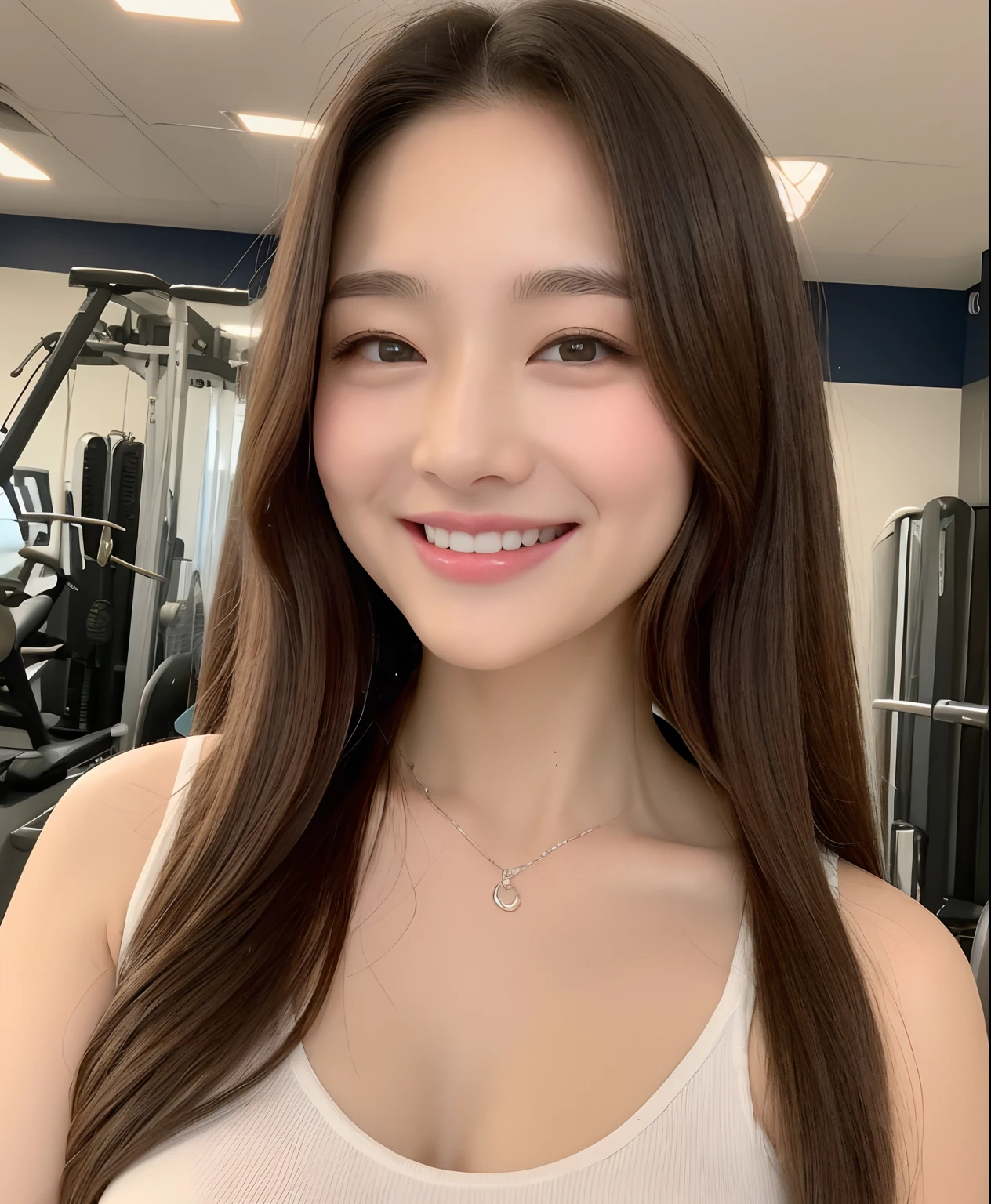 ((top-quality、in 8K、masterpiece:1.3))、1girl in、Beautiful woman with plump abs emphasized:1.3、(The long-haired、Colossal tits:1.2)、At the gym、Super delicate face、wholesome、二重まぶた、A smile that showed teeth、Wearing a tank top、Looking at the camera、Big smile、Look here、Look at me with your eyes wide open、Cozy feeling、Work out in the gym