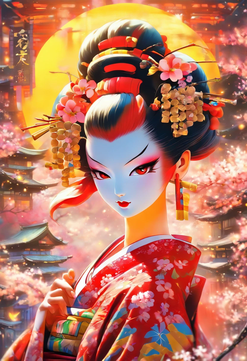 The most beautiful and sexy geisha, rainbow colored hair, yellow eyes, wearing the most beautiful and highly detailed kimono, tons of tattoos and piercings, cherry blossoms blowing in the wind, kanji and graffiti style elements in the background, highly detailed background, perfect masterpiece, high quality, high resolution