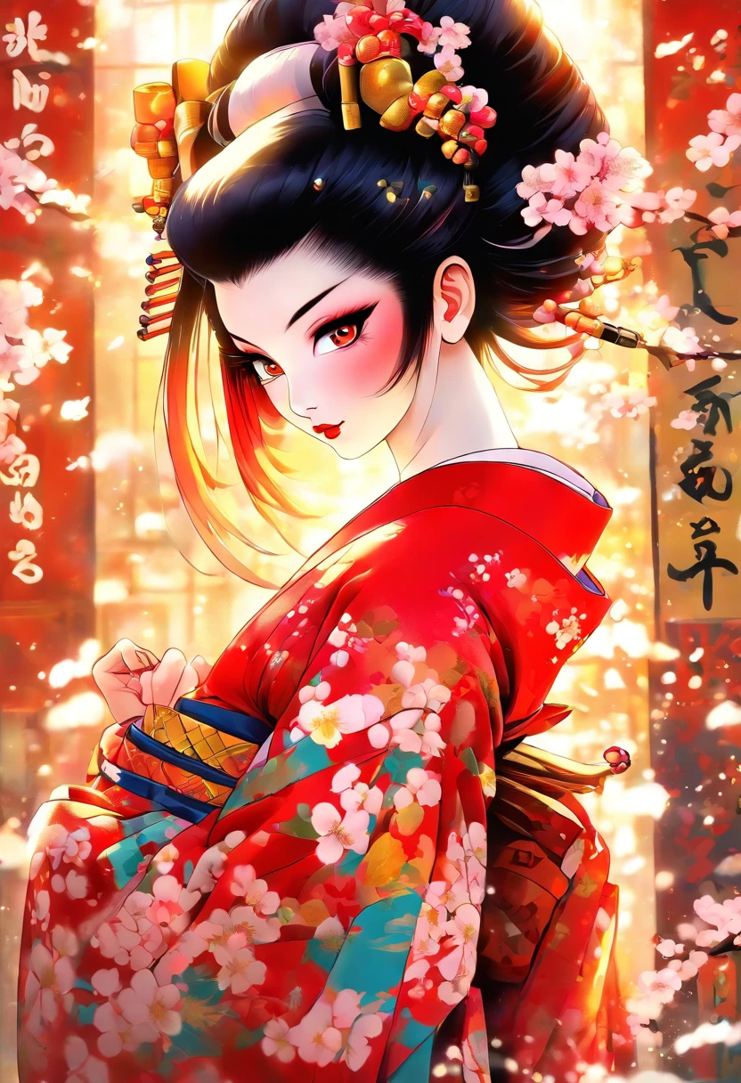 The most beautiful and sexy geisha, rainbow colored hair, yellow eyes, wearing the most beautiful and highly detailed kimono, tons of tattoos and piercings, cherry blossoms blowing in the wind, kanji and graffiti style elements in the background, highly detailed background, perfect masterpiece, high quality, high resolution