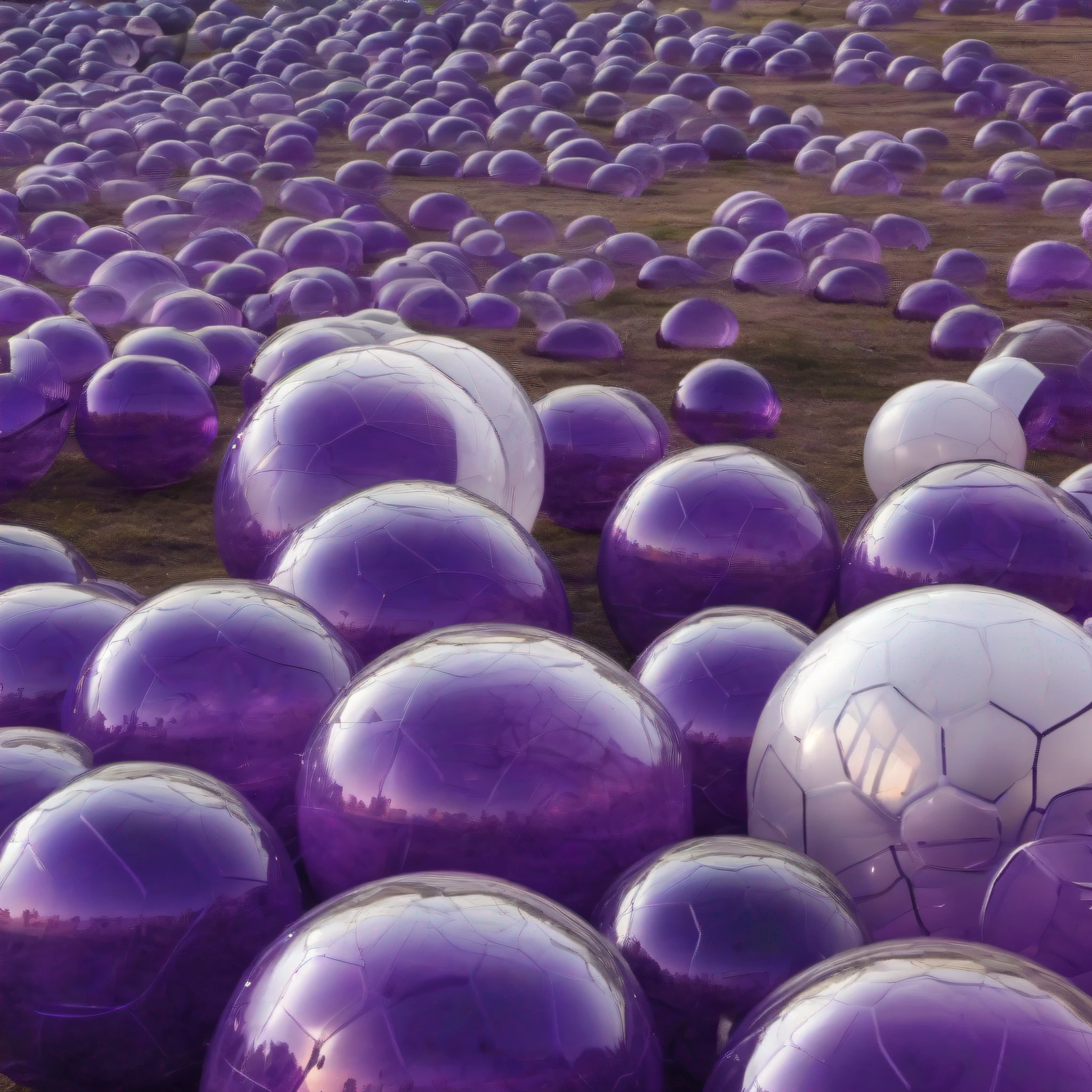 zorbing balls on ground, dark violet and white semitransparent, ultra detailed photo