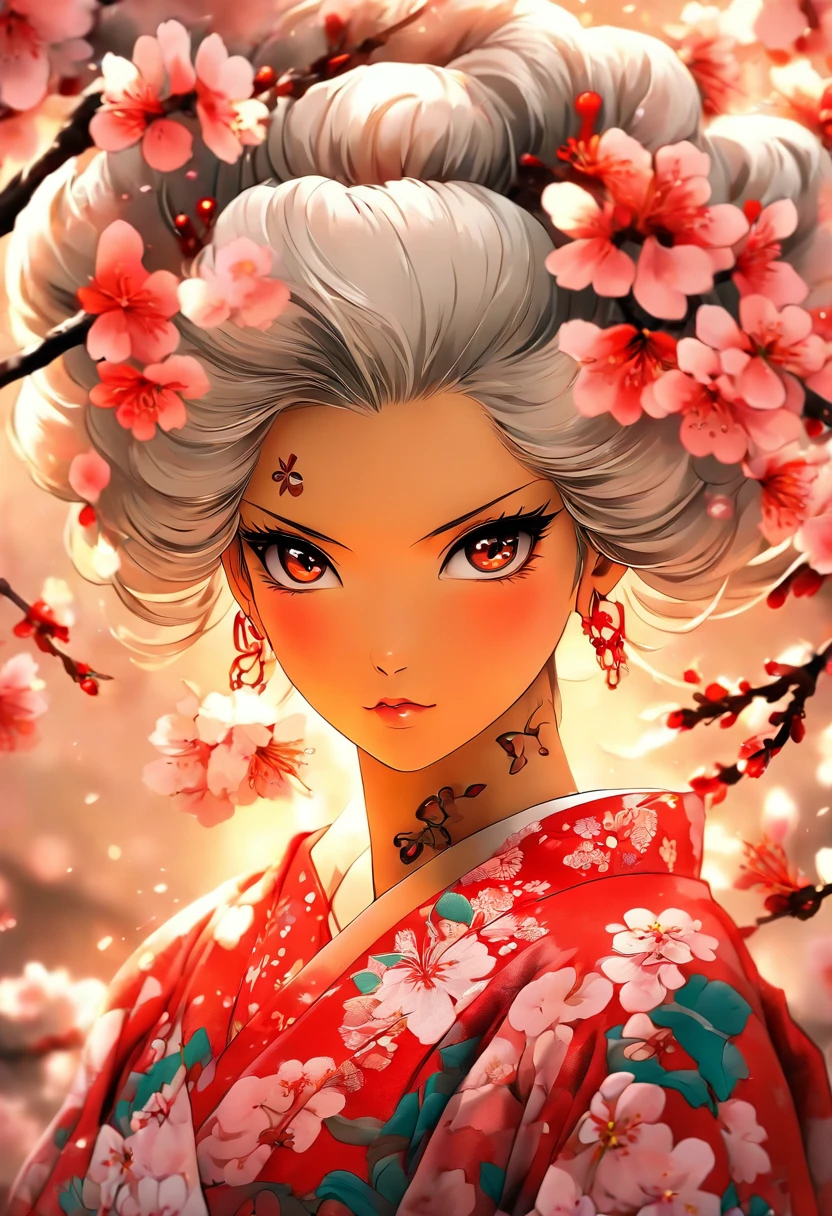 The most beautiful and sexy cherry blossom goddess, white hair, red eyes, wearing the most beautiful and highly detailed kimono, tons of tattoos and piercings, cherry blossoms and butterflies blowing in the wind, highly detailed background, perfect masterpiece, high quality, high resolution