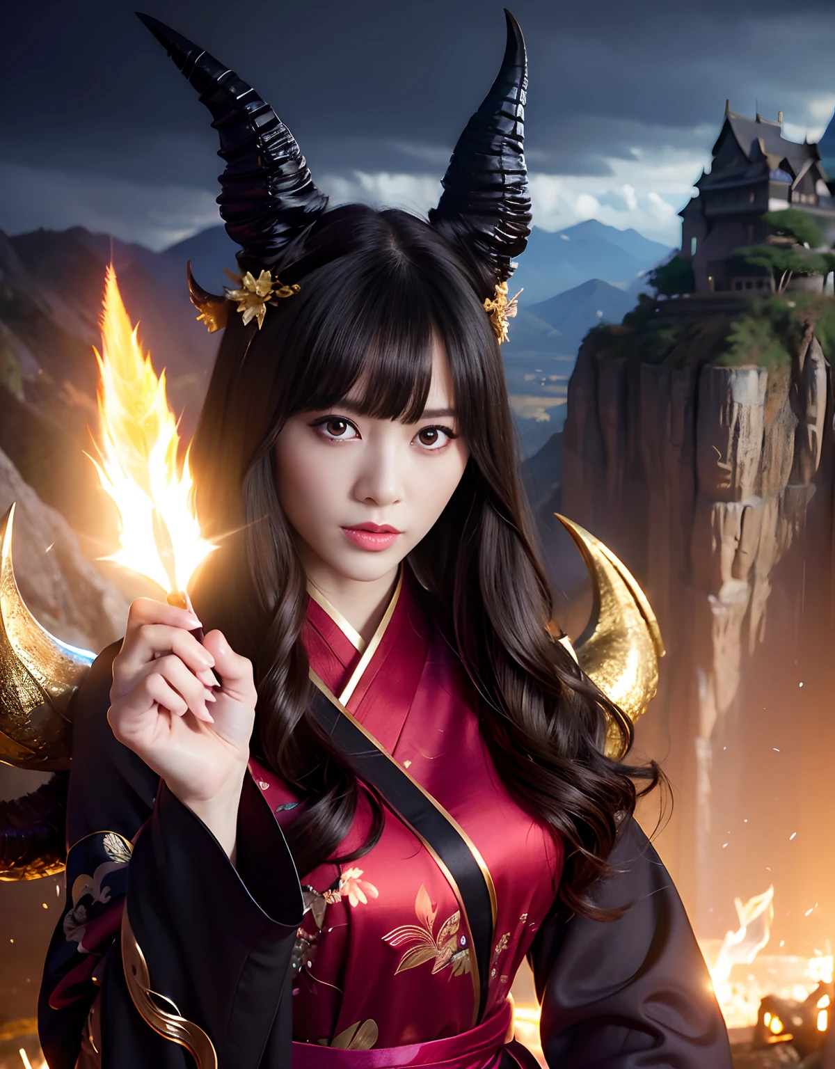 ((World of Darkness)),Professional , masterpiece、top-quality、photos realistic , depth of fields 、(sexypose)、(Black maple on the background of full bloom),(Ultimate Beauty)、A dark-haired、(shrine background)、(Kimono with beautiful pattern)、(Night background)、Beautiful hair ornament on the head、((Precipitous cliffs)),(Wear a beautiful kimono),(Wear a beautiful kimono with colorful floral patterns)、Jewel Gold Weapon、Particles of light),(Wearing a wizard's hat)、Gorgeous gold weapons ,Castle background、(( Gorgeous Dragon Sword)) , (a dark night),,(maikurobikini) 、((Black Haired Beautiful Girl))、(Castle background)、(demonic wings)、((Gangle's forest background))、Beautiful Caucasian beauty、1a person、dynamic ungle,(((Two devil's horns on the head)))、Smaller head、Idle Smile、Thin and beautiful female hands、Mystical expression、Light Effects、intense fighting、Wind-effect、magic circles、With the legendary magic wand、Dragon's tail、