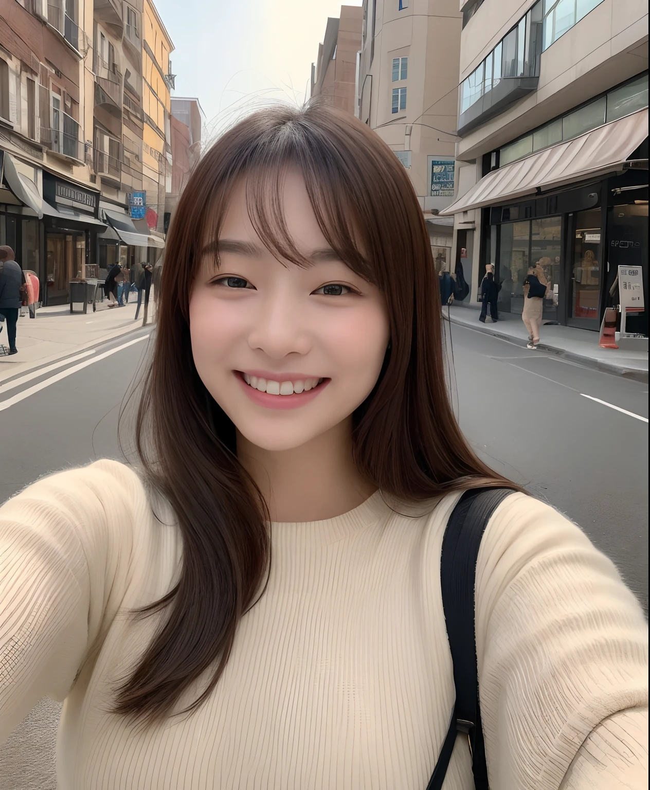 ((top-quality、in 8K、​masterpiece:1.3))、1girl in、Beautiful woman with plump abs emphasized:1.3、(The long-haired、Colossal tits:1.2)、In the city、Super delicate face、wholesome、二重まぶた、A smile that showed teeth、wearing in shirt、Looking at the camera、Big smile、Look here、Look at me with your eyes wide open、Cozy feeling、Walking around town