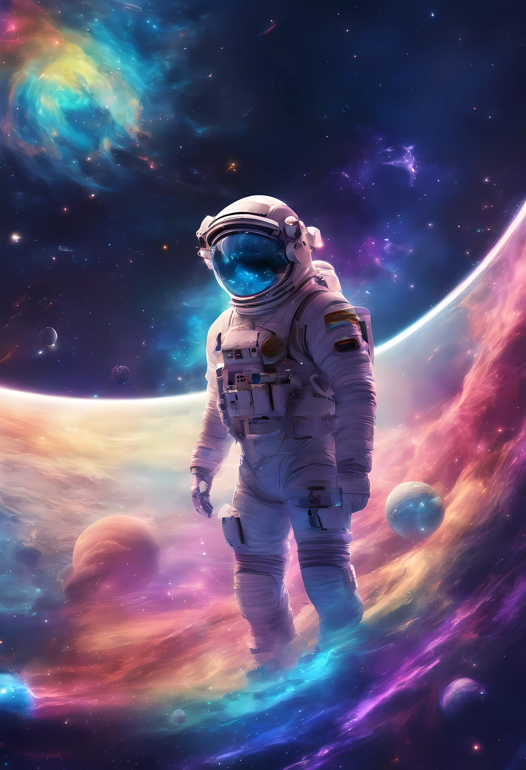 Paisagem fantastica em um planeta estrangeiro, Sky full of distant planets, um homem com traje espacial azul, a bright rainbow and planets with rings in the sky