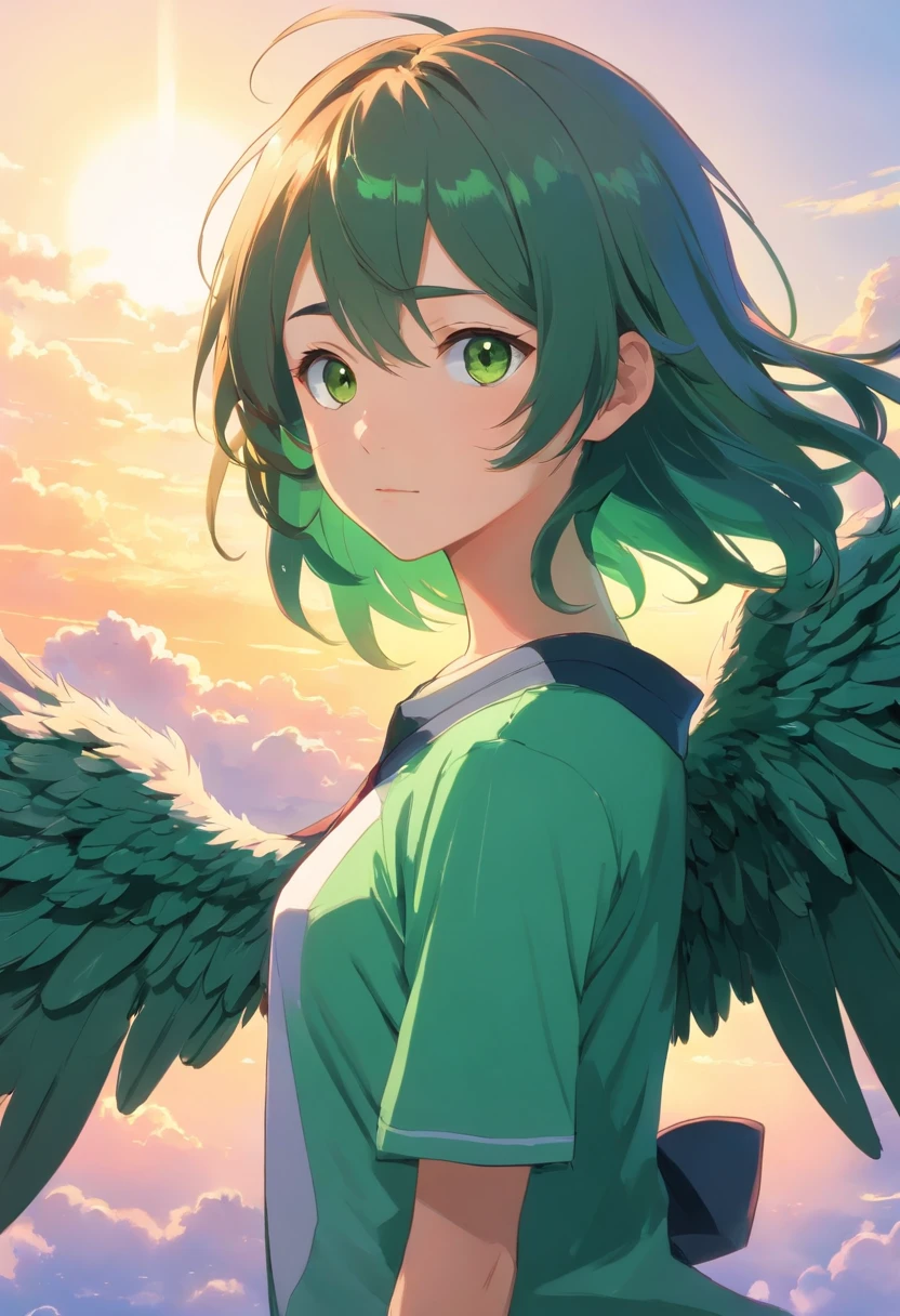 Um jovem adolescente com cabelos vermelhos cacheados, olhos verdes vibrantes em uma roupa preta, is framed pairs of angel wings