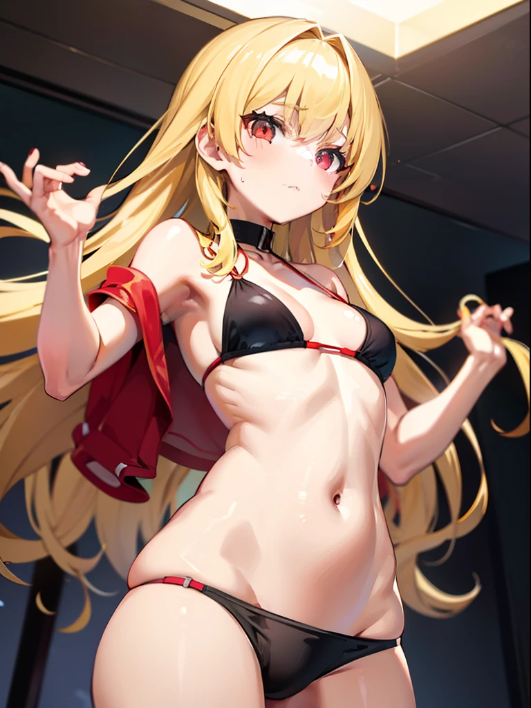 s girl,flatchest,golden hair,Light red eyes,bikini,