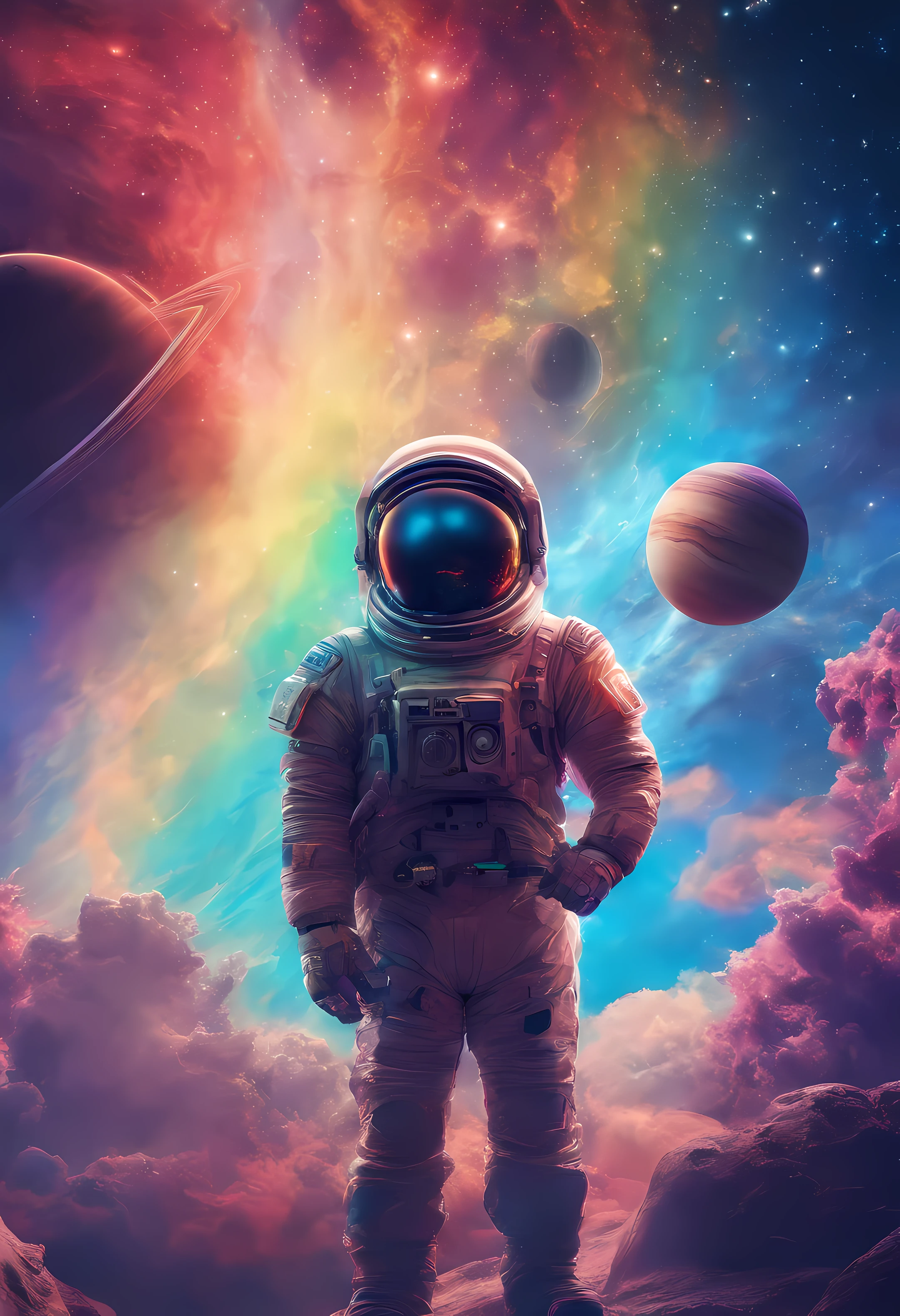 Paisagem fantastica em um planeta estrangeiro, Sky full of distant planets, um homem com traje espacial azul, a bright rainbow and planets with rings in the sky