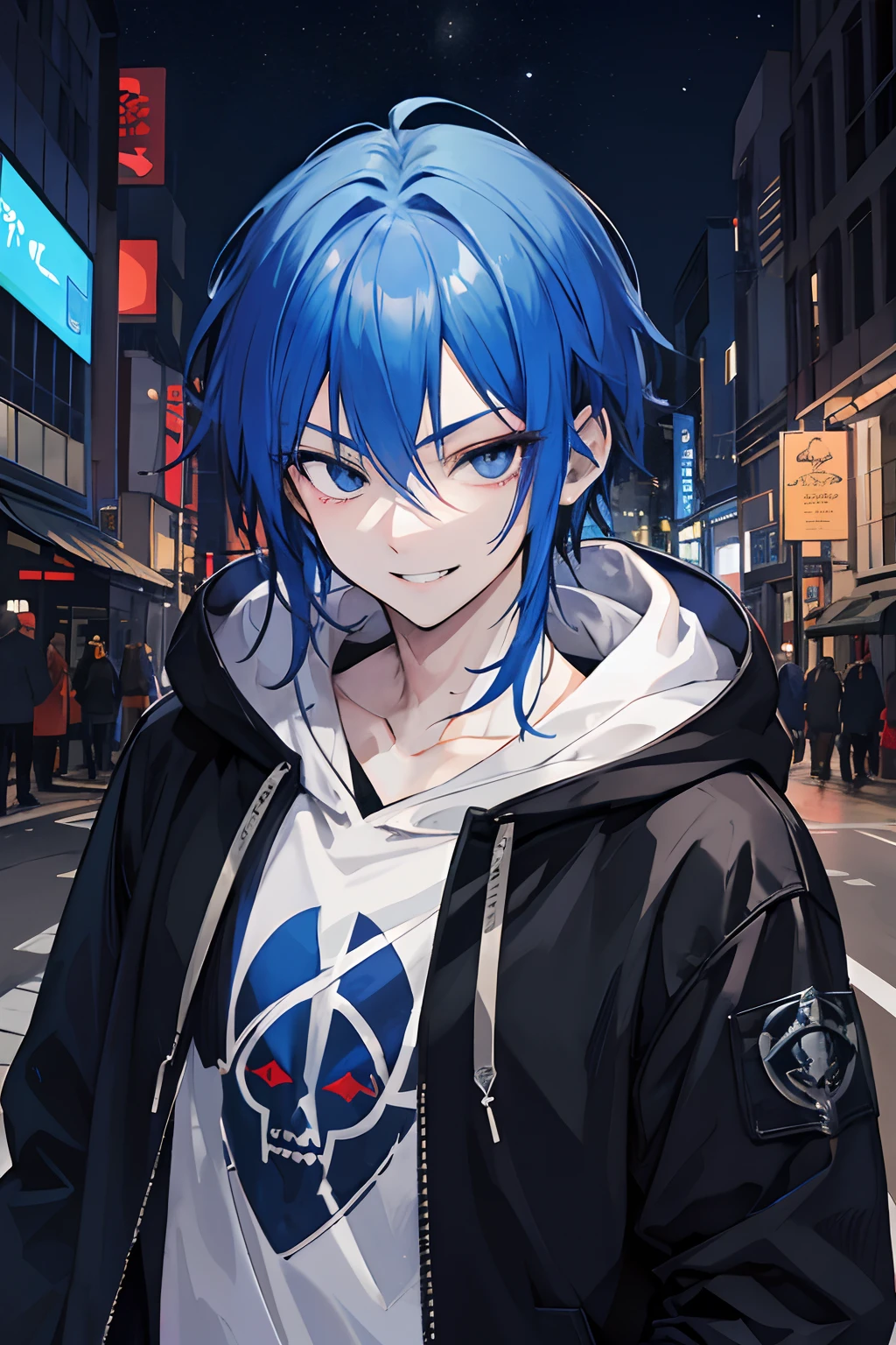 A man, blue hair and black eyes, street, badass, smile evil, potrait, mascular, hoodie, night