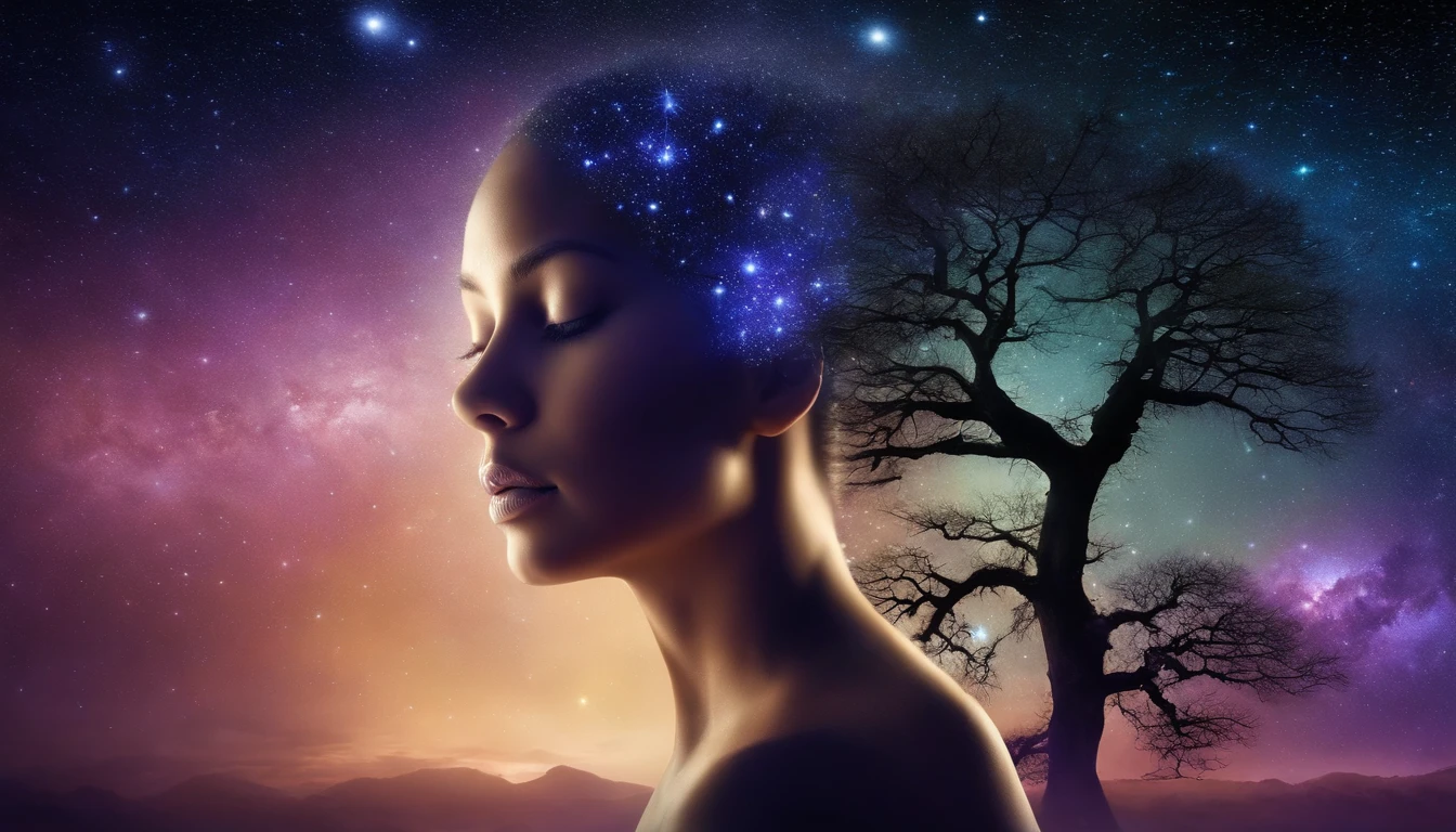 Human face in deep meditation, serenidade, aura brilhante e sutil, universo em AZUL e violeta, Stars and galaxies, macio, ethereal clouds, connectedness, roots in the earth, branches to the starry sky, tons amarelados, serenidade, cosmic harmony