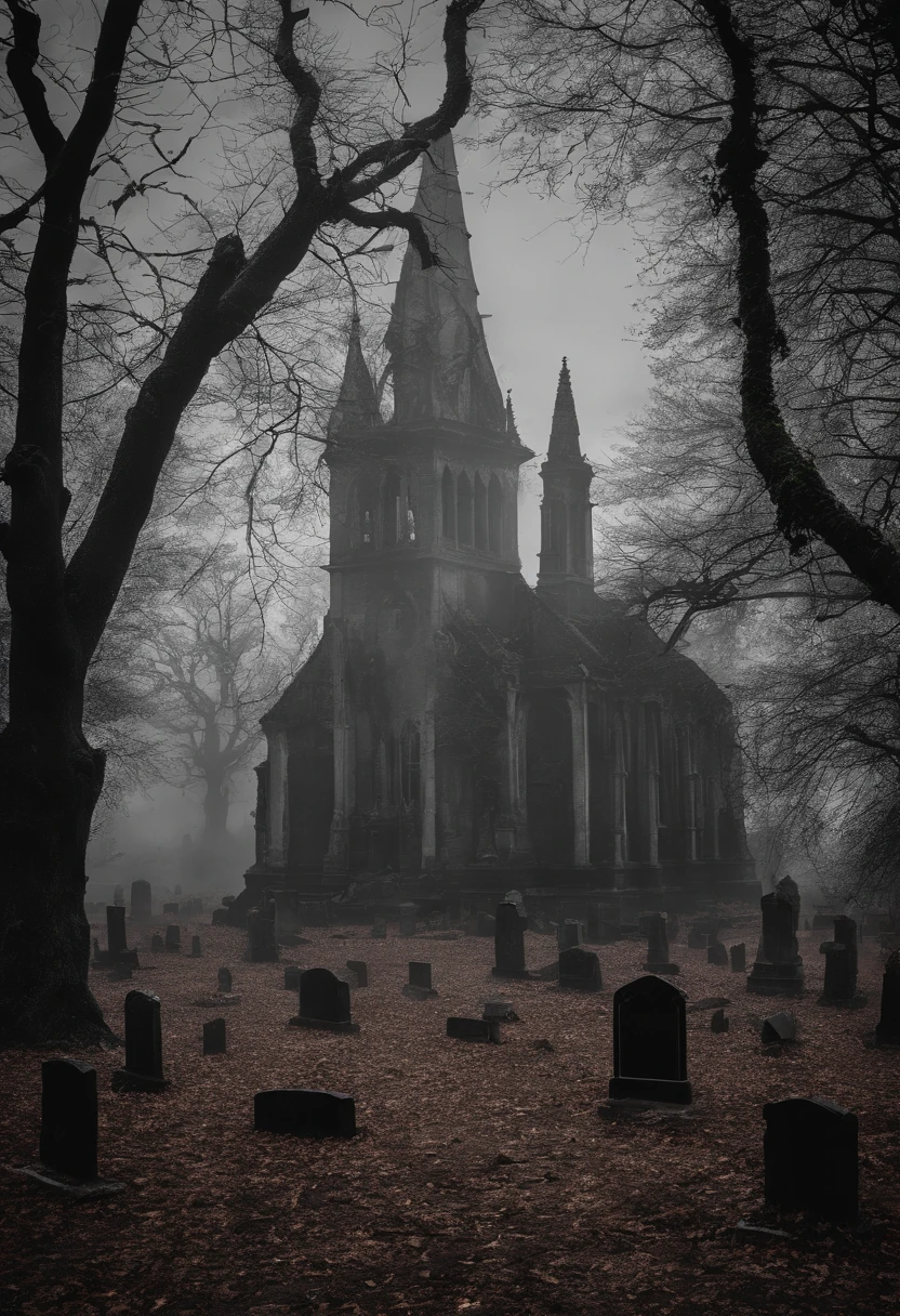 (best quality,4k,8k,highres,masterpiece:1.2),detailed,horrifying scenery,eerie atmosphere,graveyard,spooky graveyard,nighttime setting,creepy ambiance,dark and foggy,frightening,ominous,shadowy figures,moonlit sky,haunting spirits,ghostly apparitions,terrifying tombstones,aged and weathered graves,old and decrepit church,spider webs and cobwebs,dilapidated tombstones,long and gnarled trees,skeletal branches and leaves,crumbling mausoleums and crypts,disheveled and broken headstones,grotesque and moss-covered statues,an eerie mist that hovers above the ground,a sense of foreboding and dread that permeates the scene,an unexplained and bone-chilling presence,undulating shadows that seem to move on their own,an eerie silence broken only by the sounds of distant whispers and faint footsteps,an otherworldly glow that emanates from the graves,a creaking sound that echoes through the darkened cemetery,an overwhelming feeling of loneliness and despair,a feeling of being watched by unseen eyes,an unsettling chill that lingers in the air,an unsettling sense of being trapped in a nightmare,a graveyard shrouded in darkness,ominous storm clouds gathering in the distance,an ancient curse that pervades the graveyard.