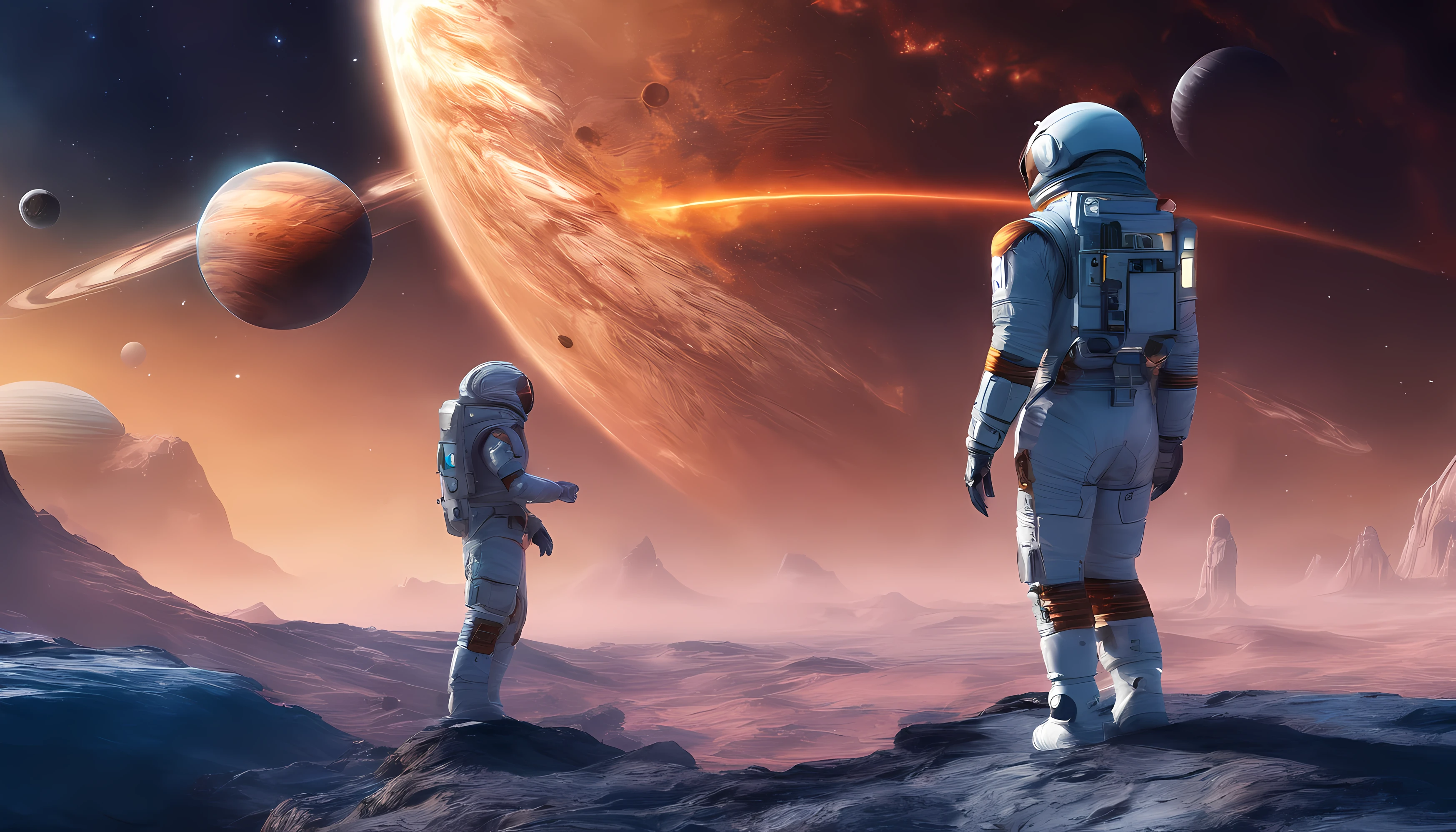 Paisagem fantastica em um planeta estrangeiro, Sky full of distant planets, um homem com traje espacial de cor azul, Planets with rings in the sky