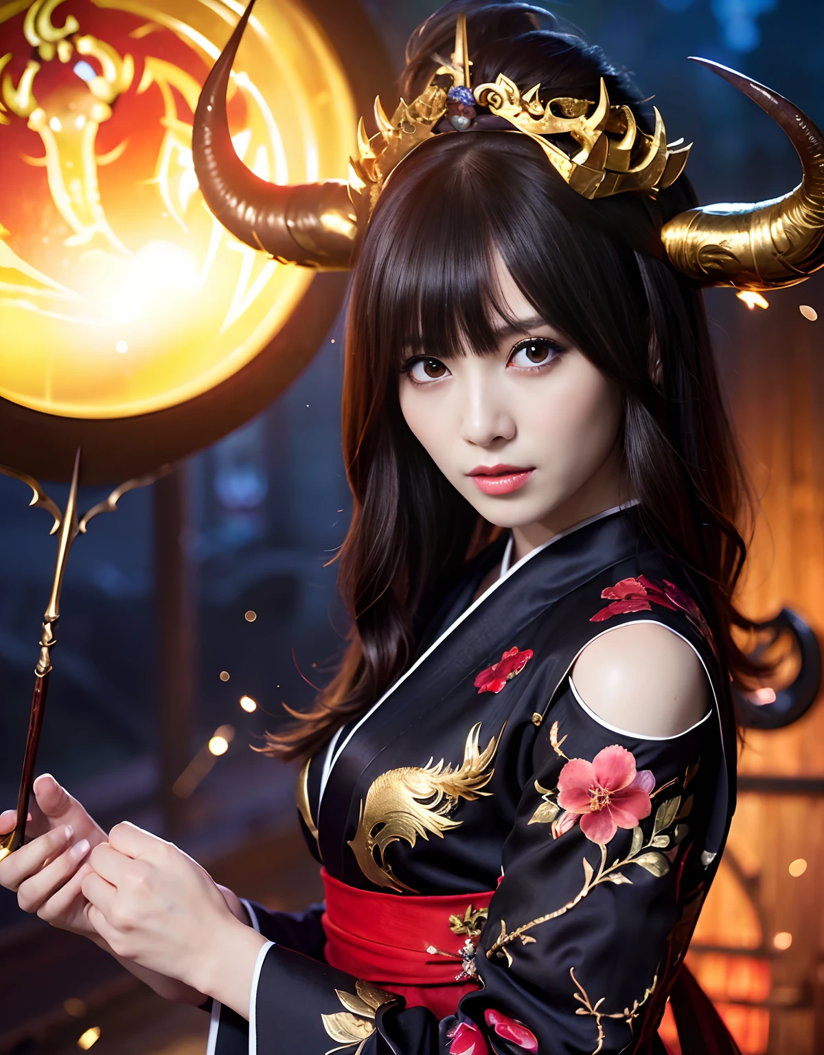 ((World of Darkness)),Professional , masterpiece、top-quality、photos realistic , depth of fields 、(sexypose)、(Black maple on the background of full bloom),(Ultimate Beauty)、A dark-haired、(shrine background)、(Kimono with beautiful pattern)、(Night background)、Beautiful hair ornament on the head、((Precipitous cliffs)),(Wear a beautiful kimono),(Wear a beautiful kimono with colorful floral patterns)、Jewel Gold Weapon、Particles of light),(Wearing a wizard's hat)、Gorgeous gold weapons ,Castle background、(( Gorgeous Dragon Sword)) , (a dark night),,(maikurobikini) 、((Black Haired Beautiful Girl))、(Castle background)、(demonic wings)、((Gangle's forest background))、Beautiful Caucasian beauty、1a person、dynamic ungle,(((Two devil's horns on the head)))、Smaller head、Idle Smile、Thin and beautiful female hands、Mystical expression、Light Effects、intense fighting、Wind-effect、magic circles、With the legendary magic wand、Dragon's tail、
