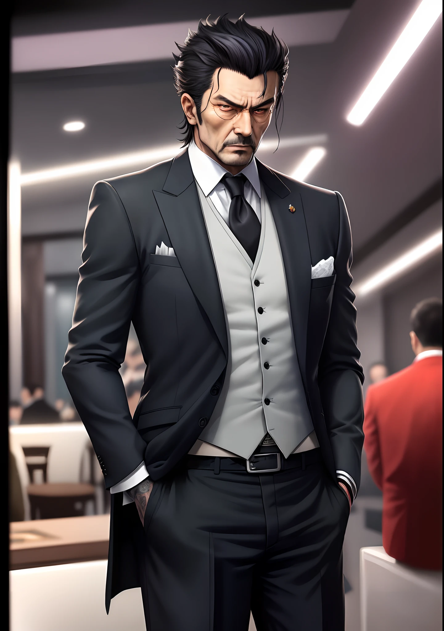 （tmasterpiece，Best quality at best），1boys，Mature men，The Yakuza，Mafia，horrid，Ring on the finger，Business suit，in the night club，Inside private rooms，drink，wineglass，Champagne，With a beautiful woman around him，
