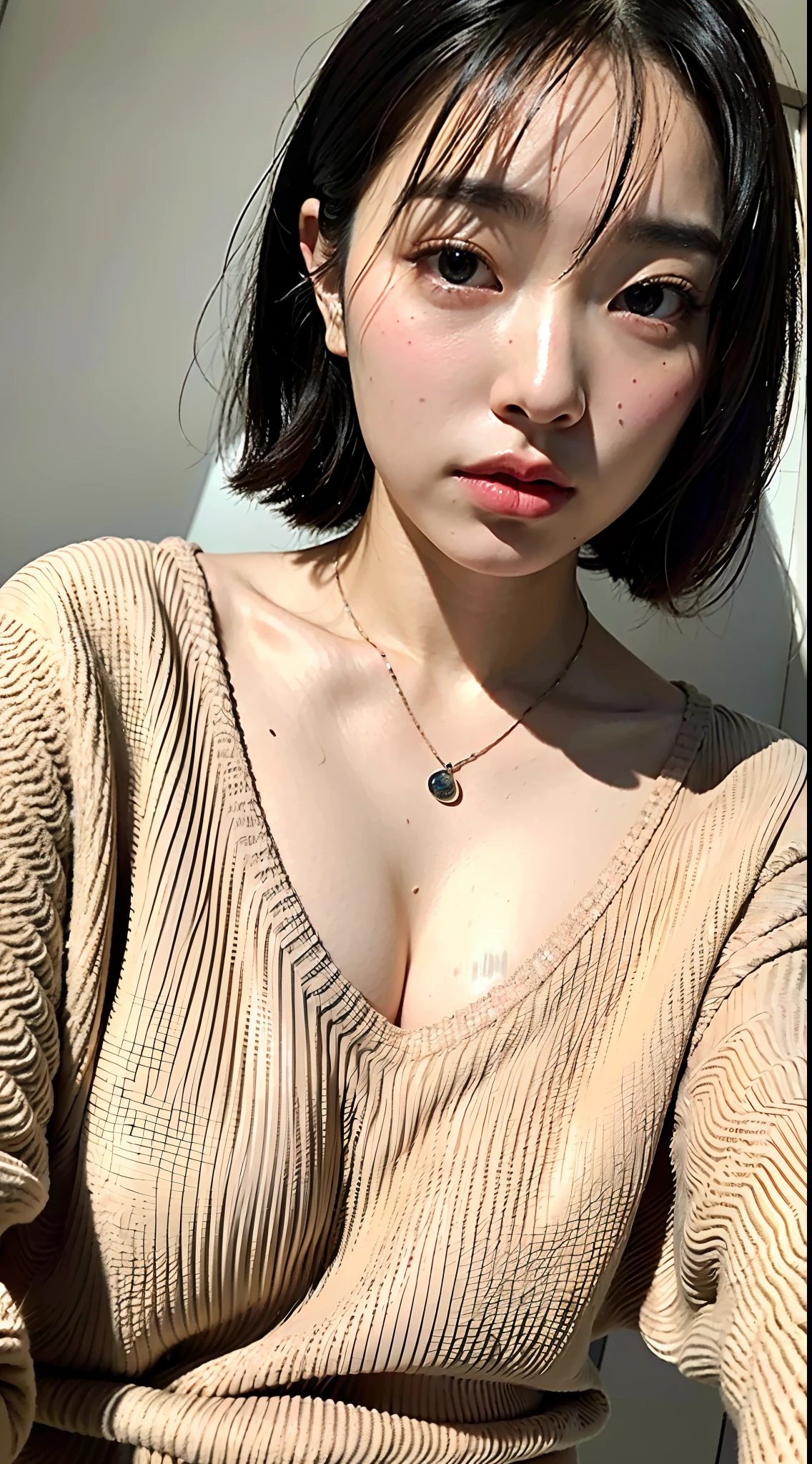 (top-quality、8k、32k、masterpiece、UHD:1.2)、Photo of a cute Japanese woman、Fat、fatness、very short bobbed hair、The upper part of the body、sface focus、oversized_sweater、a necklace、simple background、From above、looking at the viewers、