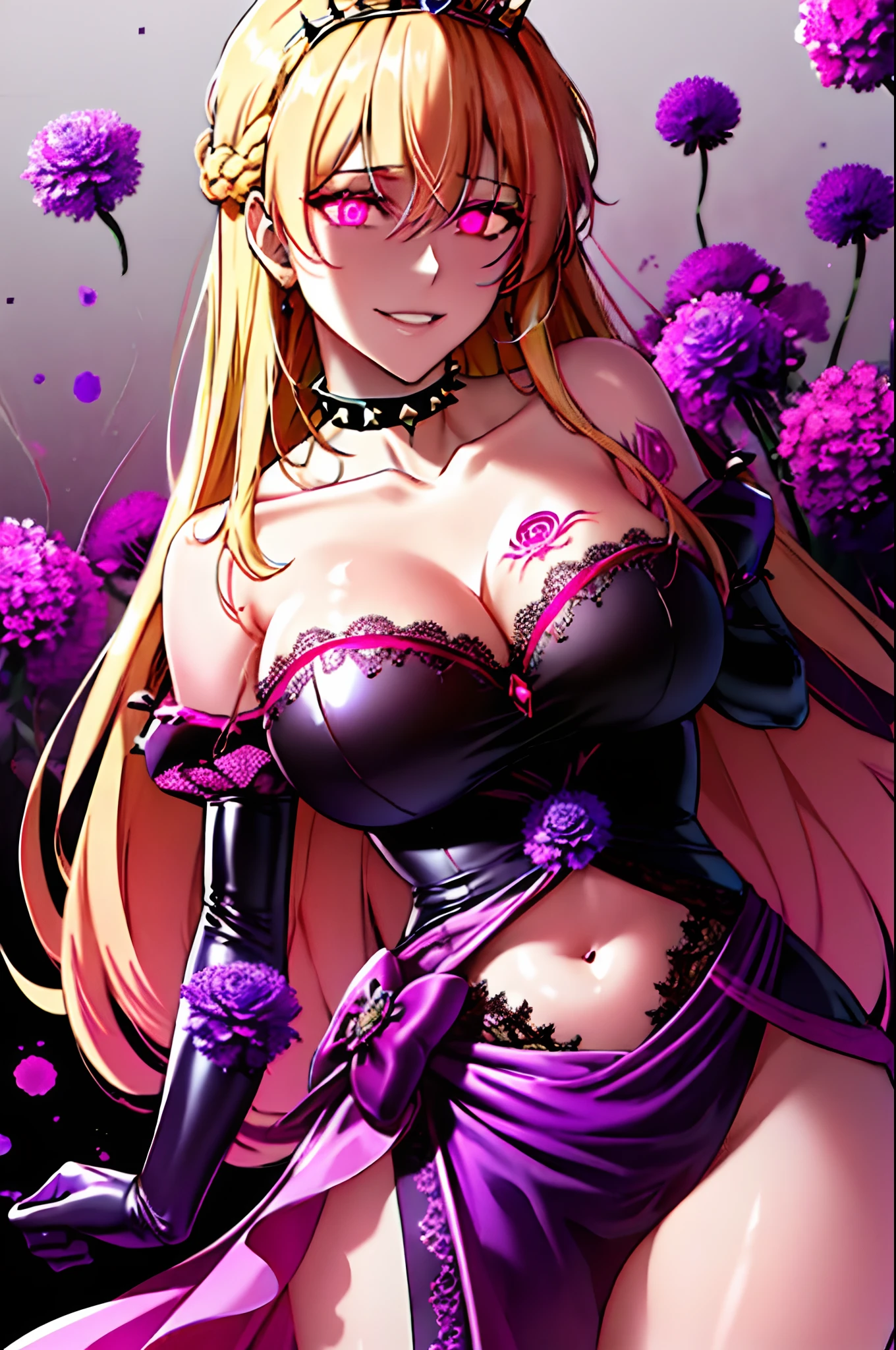 corrupta, fantasy style, floral background, romance manhwa, 1girl, blonde and pink hair, solo, long hair, flower, dress, tiara, gloves, long sleeves, thick eyeblows, purple eyes, purple bow, purple flower, wavy hair, standing, bow, jewelry, looking at viewer, white background, evil smile, latex, spike choker, collarbone, puffy sleeves, upper body, parted bangs, very long hair, purple dress, frills, bangs, cowboy shot, big breast, cleavage, navel, dark persona, corruption, (glowing eyes), tattoo, revealing clothes, onstricted pupils, small pupils