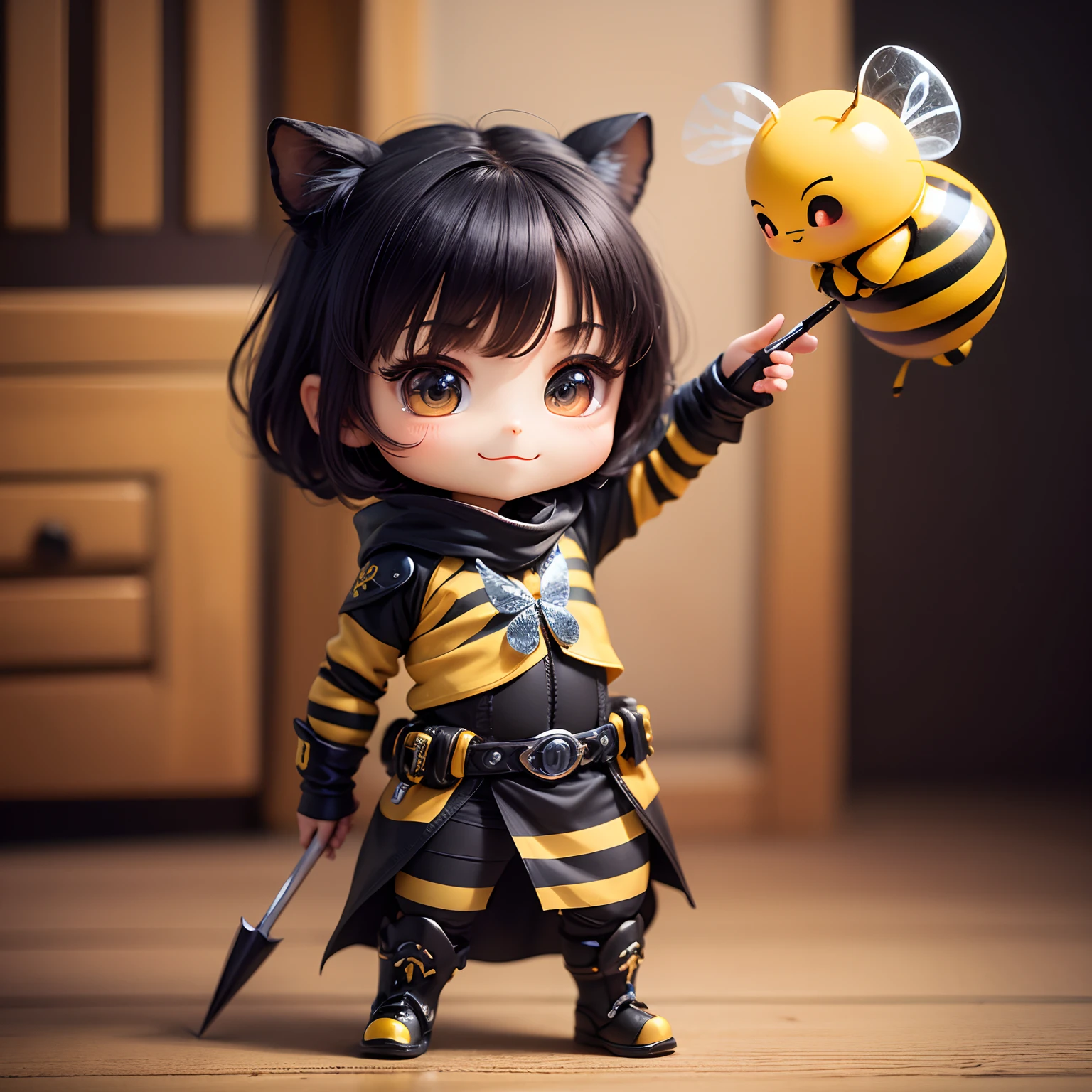 ​masterpiece、top-quality、ultra-detailliert、(Chibi bee:1.2)、Wraith with yellow and black stripes、In the hand he has a long-tipped pointed needle。Smile、Standing、