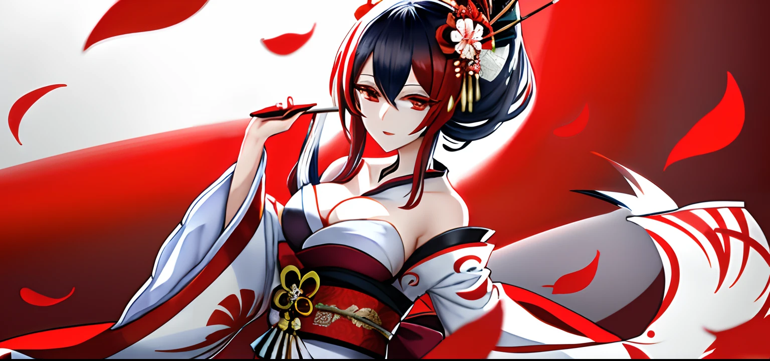 Crie uma geisha com kimono vermelho e branco,vendaval, red petals flying,olhar determinado.