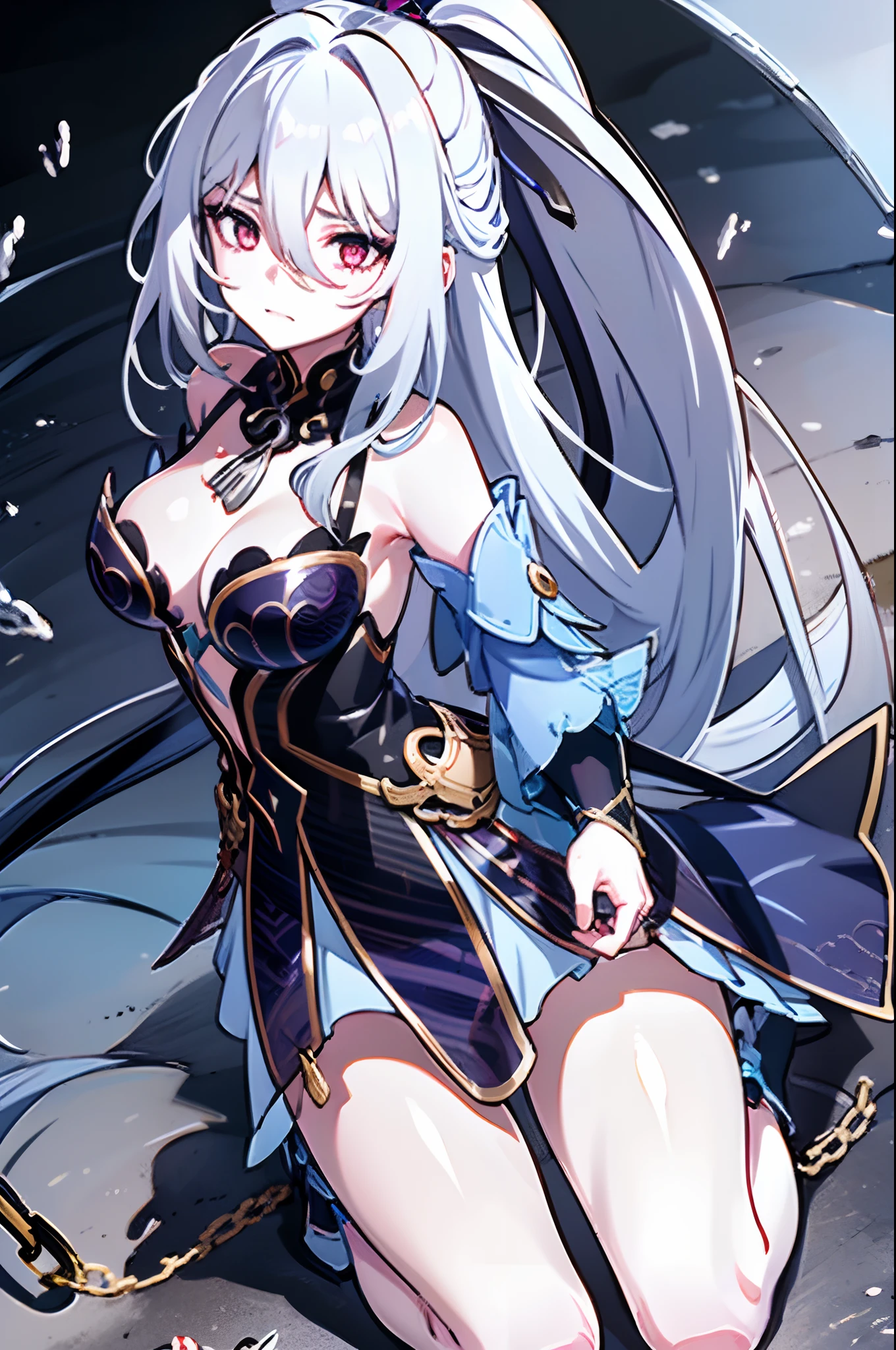 JingliuV4,silver hair long hair large breasts purple eyes hair ornament jewerly hair between eyes,Kizi,teens girl,teardrop,weeping,ripped apart,chain leash,Behind the arm,kneeling down,shackle,BDSM,high ponytails