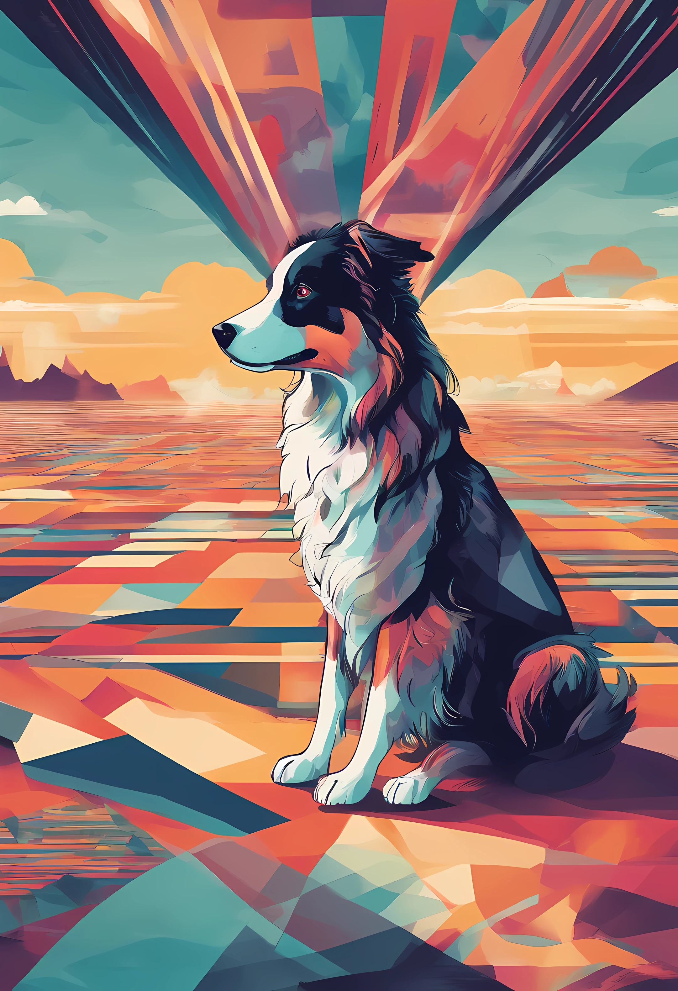 (nvinkpunk:1.2) (estilo snthwve:0.8) um cachorro Border Collie, anthro, lightwave, Sunny half-day sky with lots of clouds, intrincado, altamente detalhado