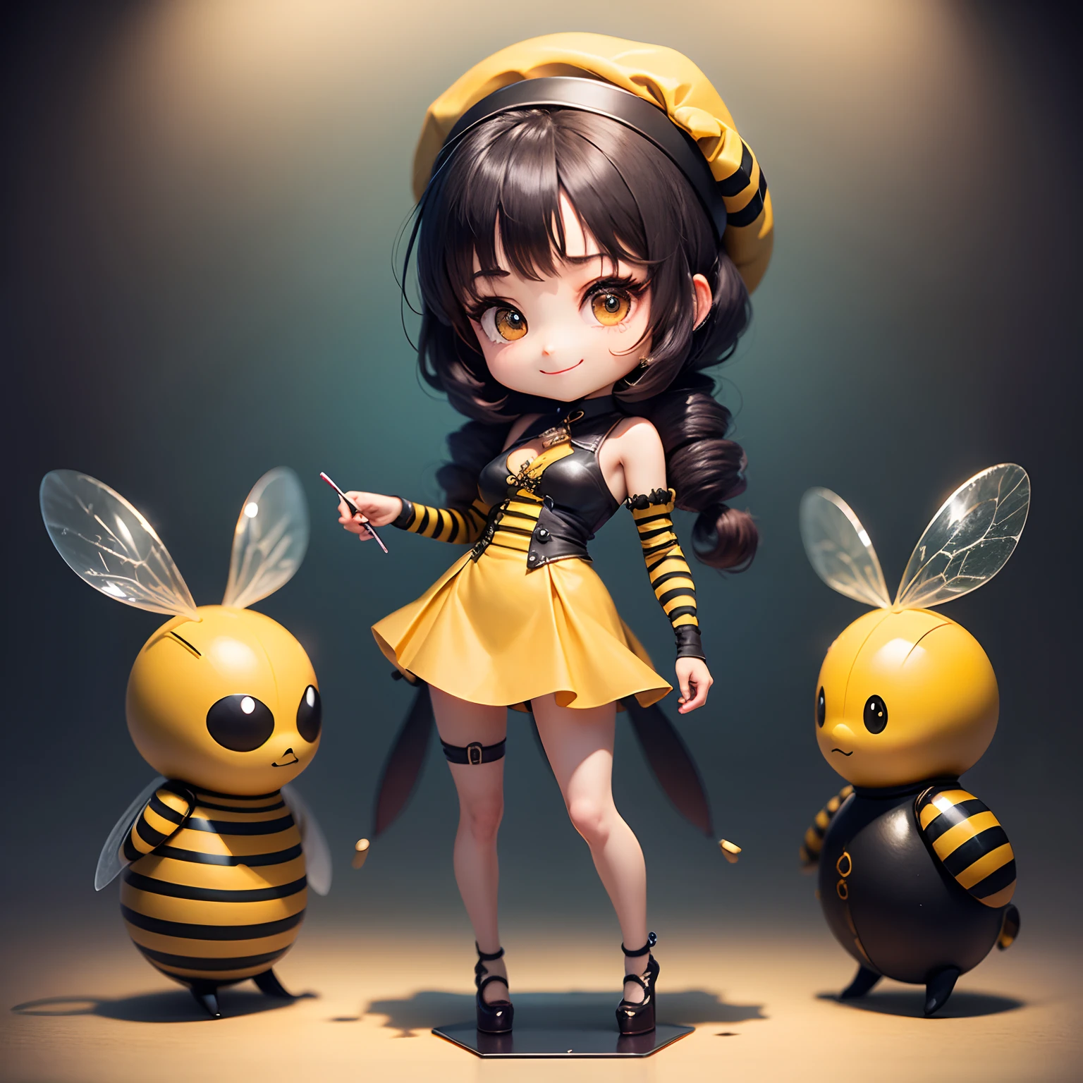 ​masterpiece、top-quality、ultra-detailliert、(Chibi bee:1.2)、Yellow and black striped wraith、Yellow and black striped beret、On the hand there is a pointed needle with a long tip。Smile、Standing、