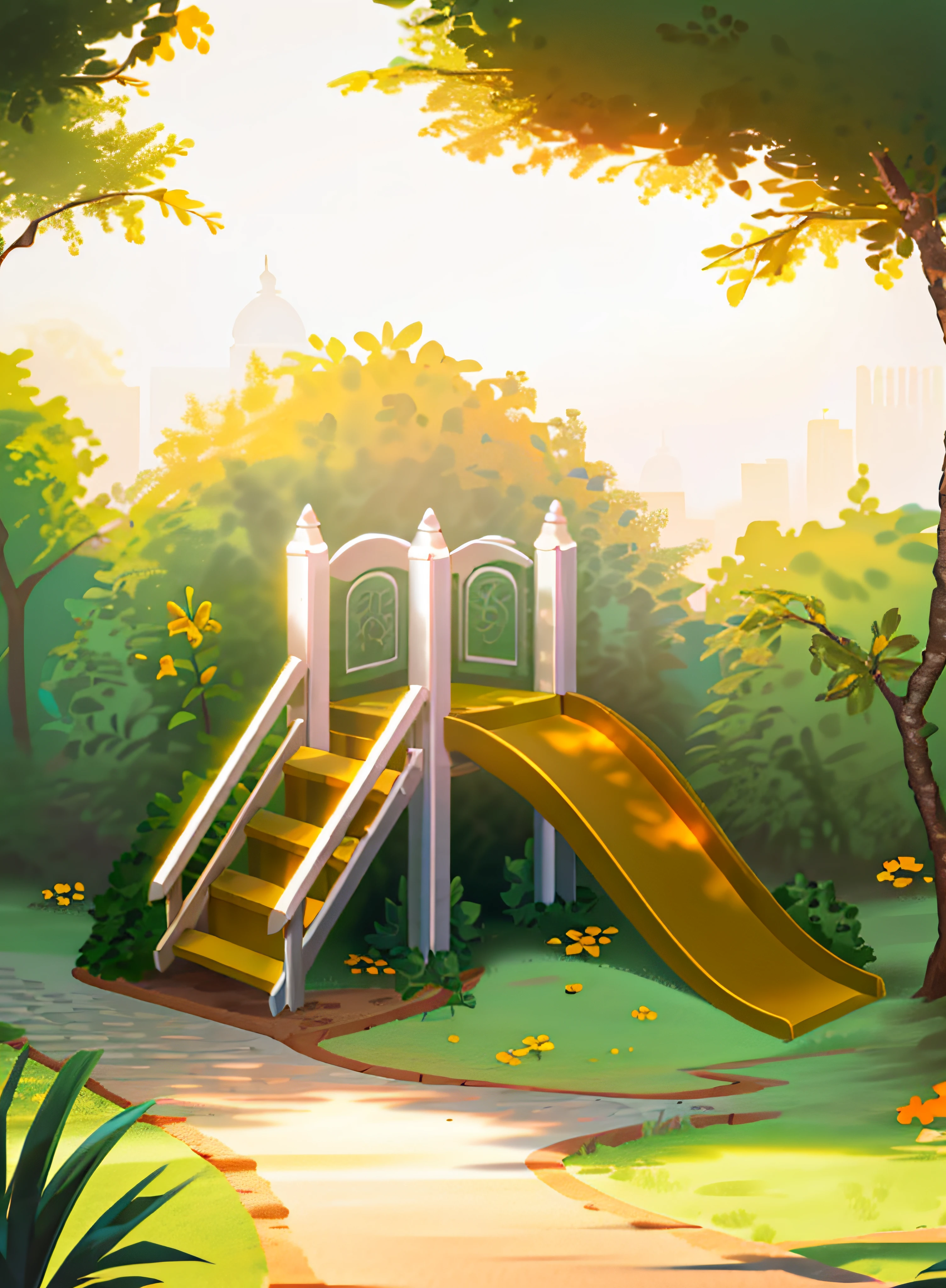 um desenho de um parque infantil, fundo jardim em dia de sol, qualidade HD, 4K