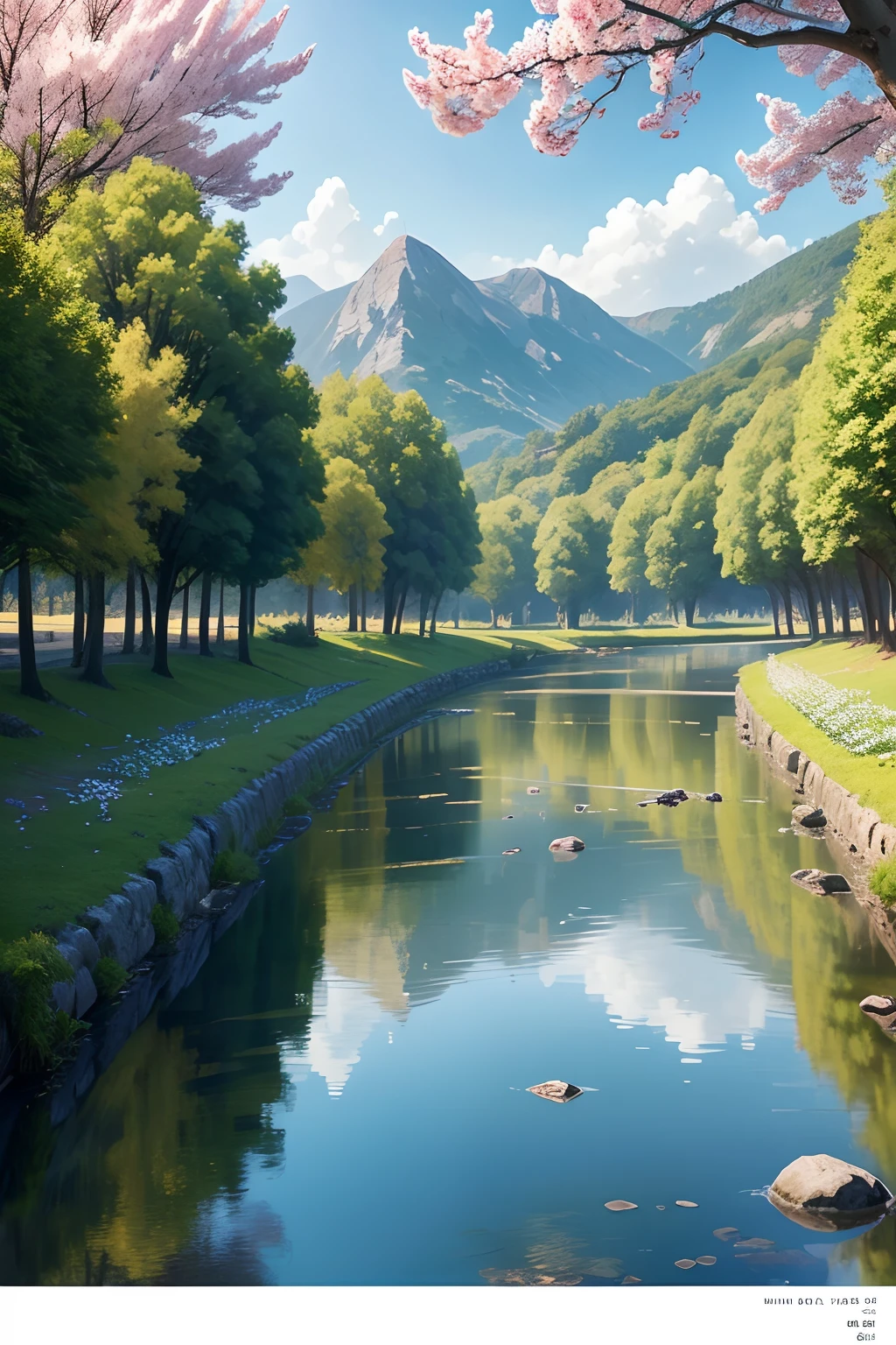 Drawing a river with a small village, anime beautiful scene of peace, very beautiful landscape, Landscape artwork, Detail of landscape art, Very nice digital art, Beauty of the natural landscape, Bel art UHD 4 K, Very nice photos, belle nature, papier peint paysage, Vraiment belle nature, beautiful digital artwork, Beau fond, cerisiers en fleurs, Style anime