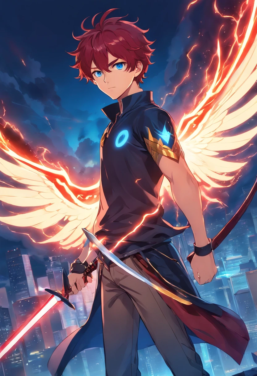 A man with blood-red curly hair and vibrant blue eyes is a blood wing holding a black lightning sword in his left hand