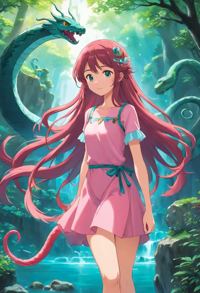 A princess fairy with dark pink and aqua, super long hair and stakes as well as snakes, black eyes, bright background, masterpiece, best quality, super detailed, high resolution, very detailed, 8k uhd, anime, (natural light), amazing, fine detail, best, high quality, RAW photo, full body photo, naked