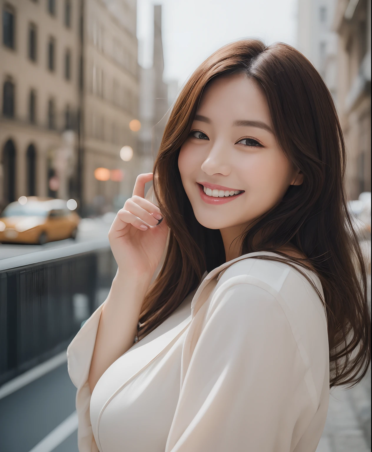 ((top-quality、in 8K、masterpiece:1.3))、1girl in、Beautiful woman with plump abs emphasized:1.3、(The long-haired、Colossal tits:1.2)、In the city、Super delicate face、wholesome、二重まぶた、A smile that showed teeth、wearing in shirt、Looking at the camera、Big smile、Look here、Look at me with your eyes wide open、Cozy feeling、Walking around the city