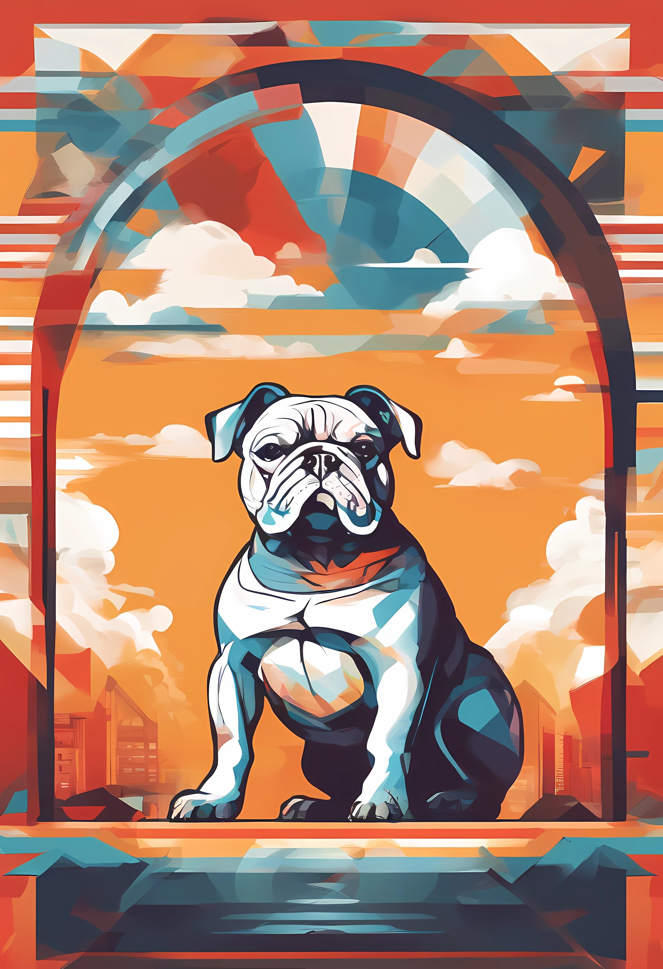 (Nvinkpunk:1.2) (Estilo SNTHWVE:0.8) um cachorro bulldog inglesa, onda de luz, Sunny sky at noon with lots of clouds, intrincado, altamente detalhado