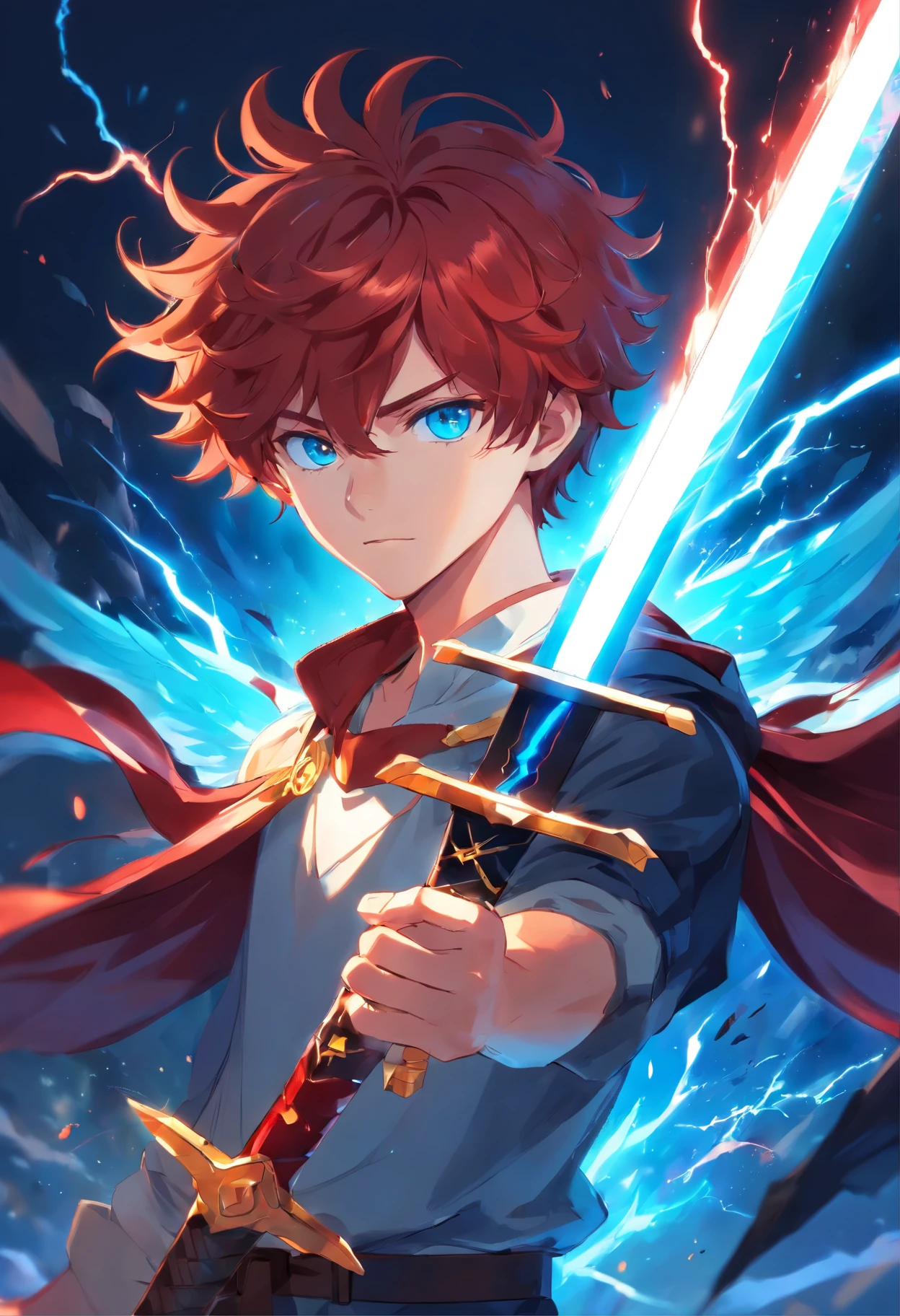 A  man with blood-red curly hair and vibrant blue eyes is a blood wing holding a black lightning sword in his left hand