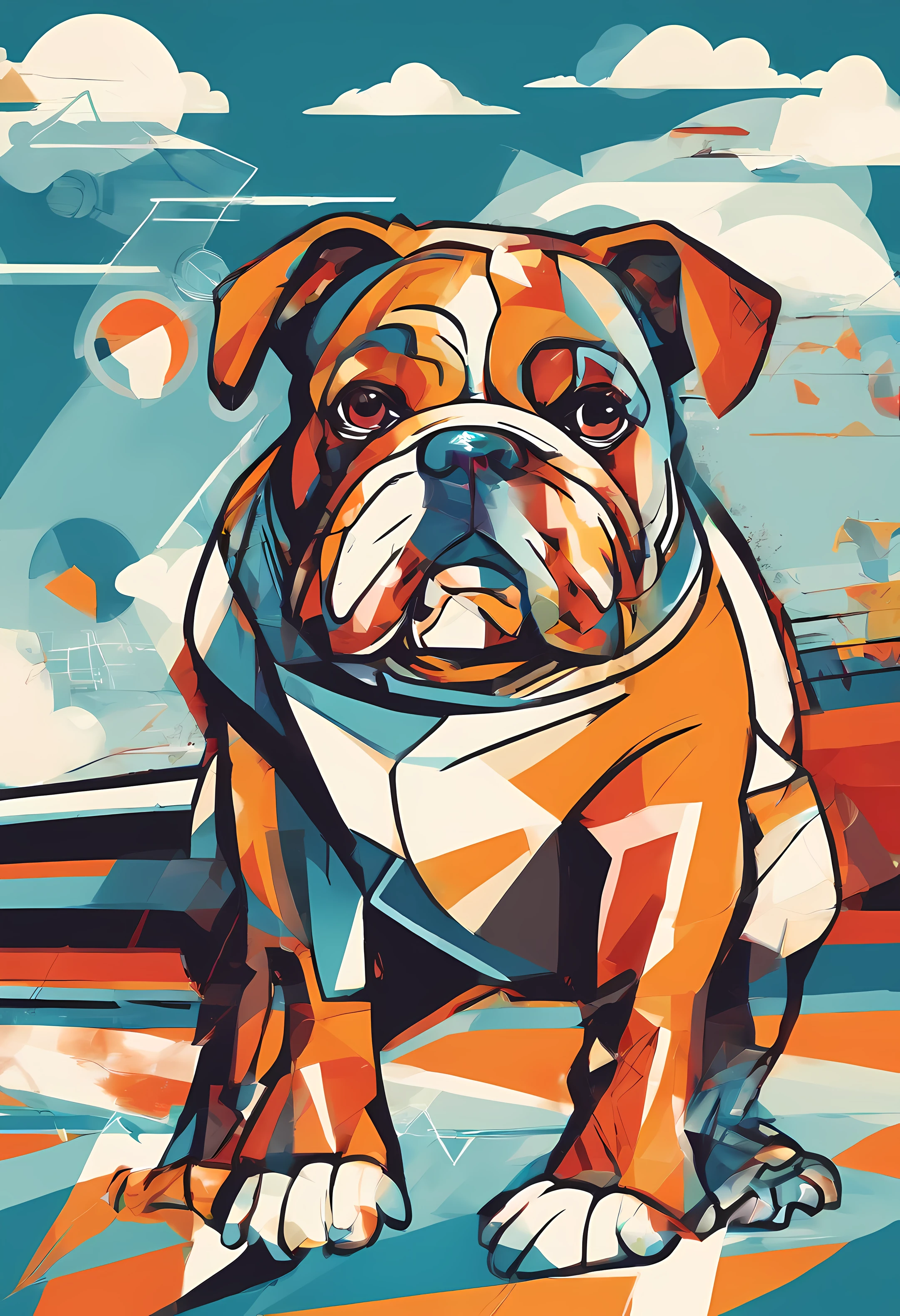 (Nvinkpunk:1.2) (Estilo SNTHWVE:0.8) um cachorro bulldog inglesa, onda de luz, Sunny sky at noon with lots of clouds, intrincado, altamente detalhado