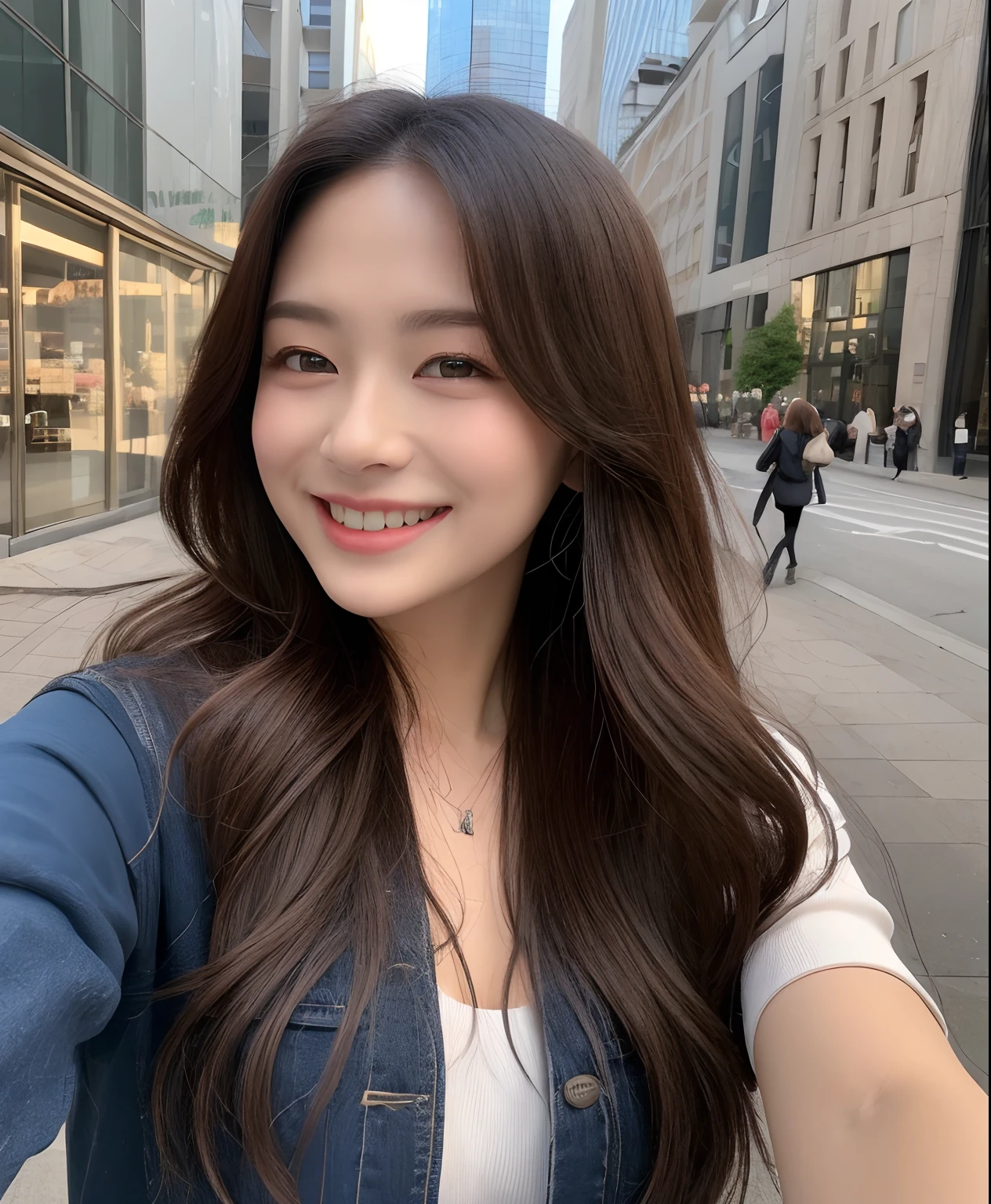 ((top-quality、in 8K、masterpiece:1.3))、1girl in、Beautiful woman with plump abs emphasized:1.3、(The long-haired、Colossal tits:1.2)、In the city、Super delicate face、wholesome、二重まぶた、A smile that showed teeth、wearing in shirt、Looking at the camera、Big smile、Look here、Look at me with your eyes wide open、Cozy feeling、Walking around the city