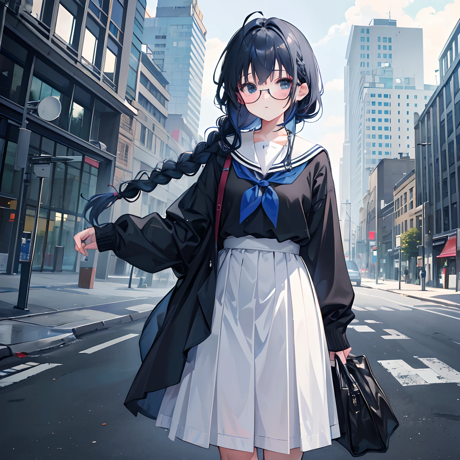 Gray and dark blue hair，With a braid，With a pair of thick-rimmed glasses，wearing white clothes，JK school uniform in black cloth dress，It's a sweet little loli