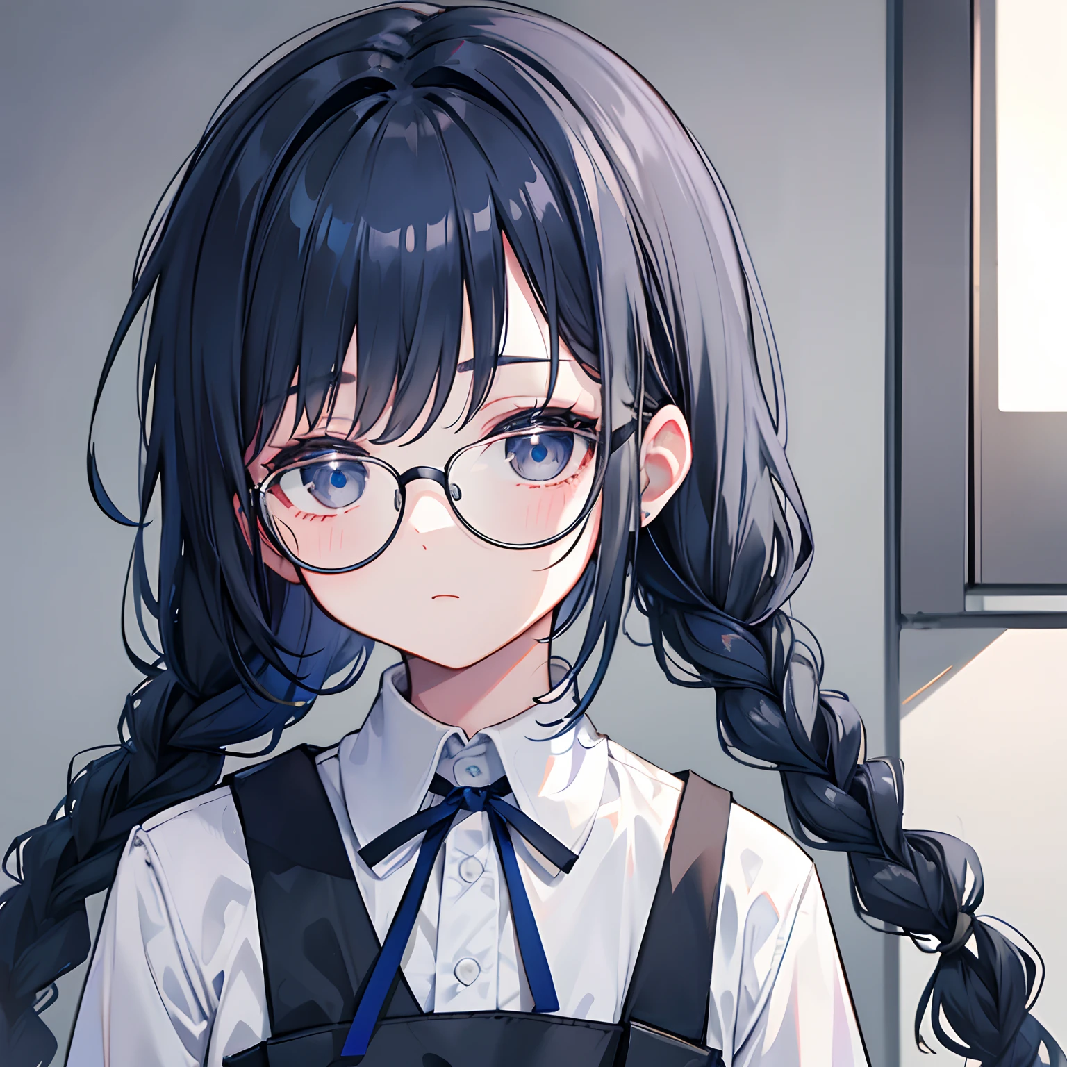 Gray and dark blue hair,With a braid,With a pair of thick-rimmed glasses,wearing white clothes,JK school uniform in black cloth dress,It's a sweet little loli