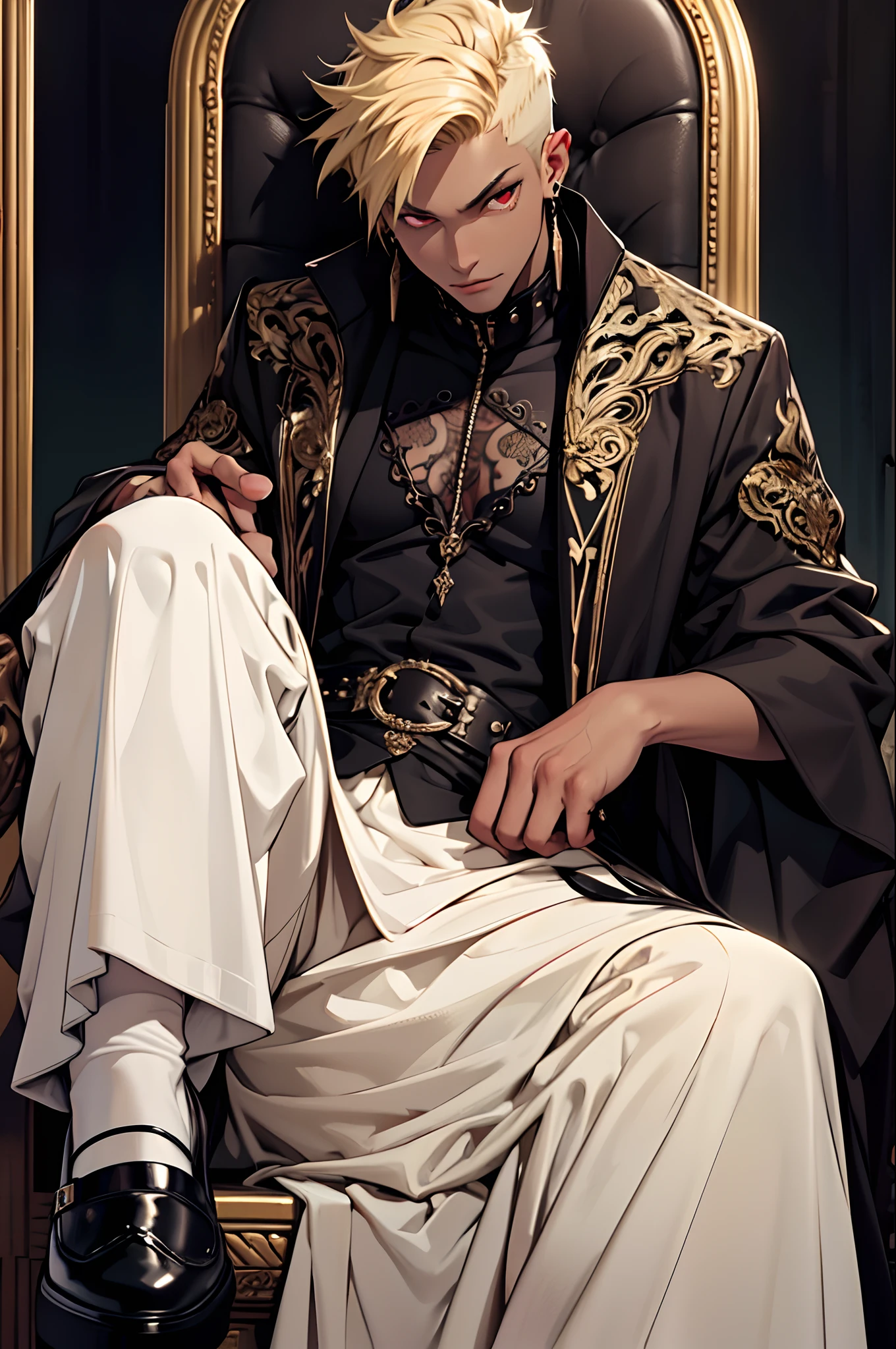 1boy，solo, Y2K，Emo style，non-mainstream, Harajuku style，Exaggerated dressing，Intricate ornaments，Rock style，Gothic style，rivet，ear studs，One-sided earring, pale blonde hair, dark-skin, dark-skinned male, intricate red eyes, sitting in throne, detailed background,