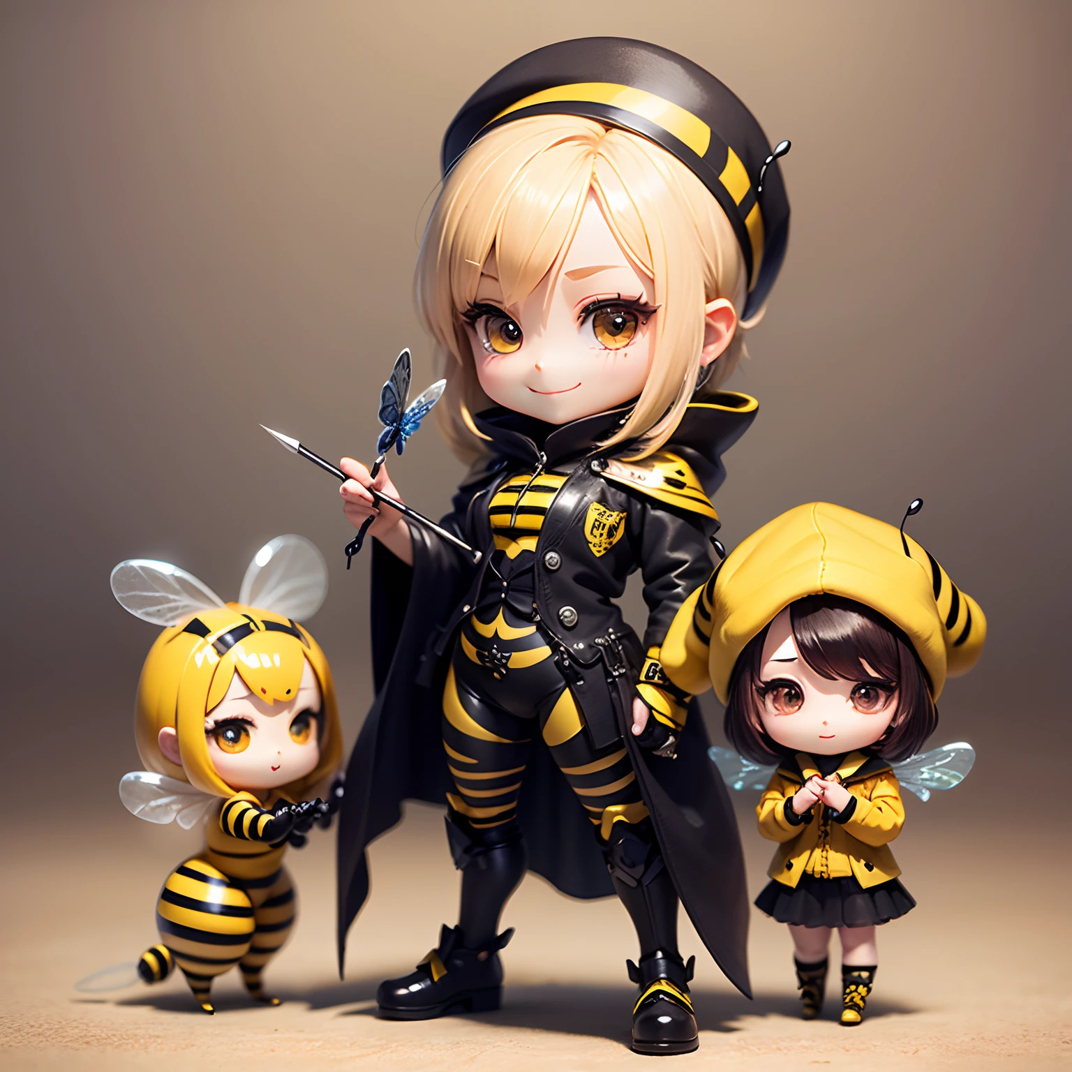 masterpiece、top-quality、ultra-detailliert、(Chibi bee:1.2)、Yellow and black striped wraith、pluma、Beret with yellow and black stripes、On the hand there is a pointed needle with a long tip。Smile、Standing、