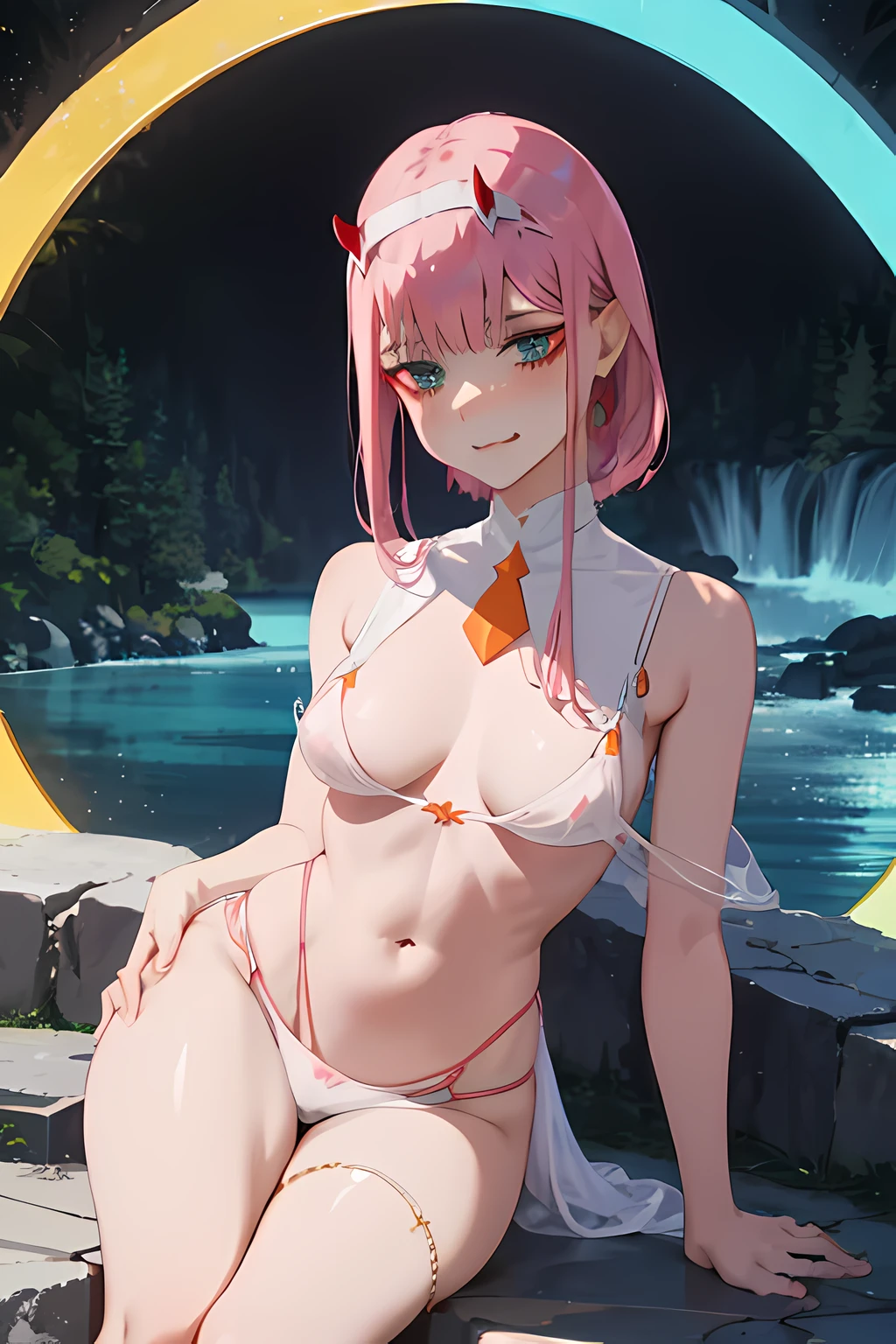 zerotwo, small horns, waterproof transparent panties, sensual posture, leg splitting, eye rolling, Blushing, squatting, Beautiful, beautiful face, Shoulder length hair, Short hair, hair bun, hairpin, looking at the audience, blushing and tongue out. Sexy Idol Gorgeous Face,Female Model, 21 Years, Swimsuit, Realistic Young Gravure Idol, minji, big breasts ,Milky White Wet Dress, Short Black Hair, Cute,Woman Wearing white Bikini, In night pool party