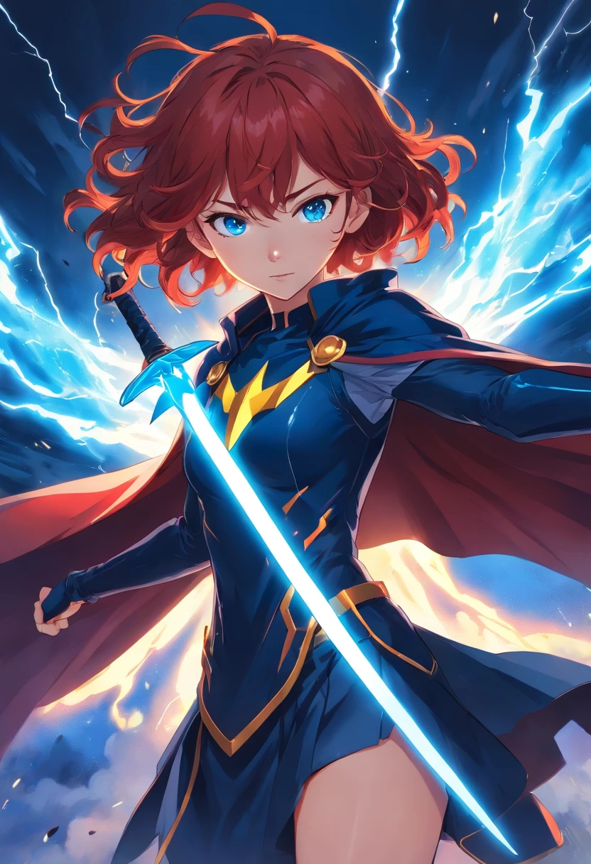 A young adult with blood-red curly hair and vibrant blue eyes is a blood wing holding a black lightning bolt sword and a black and red cape