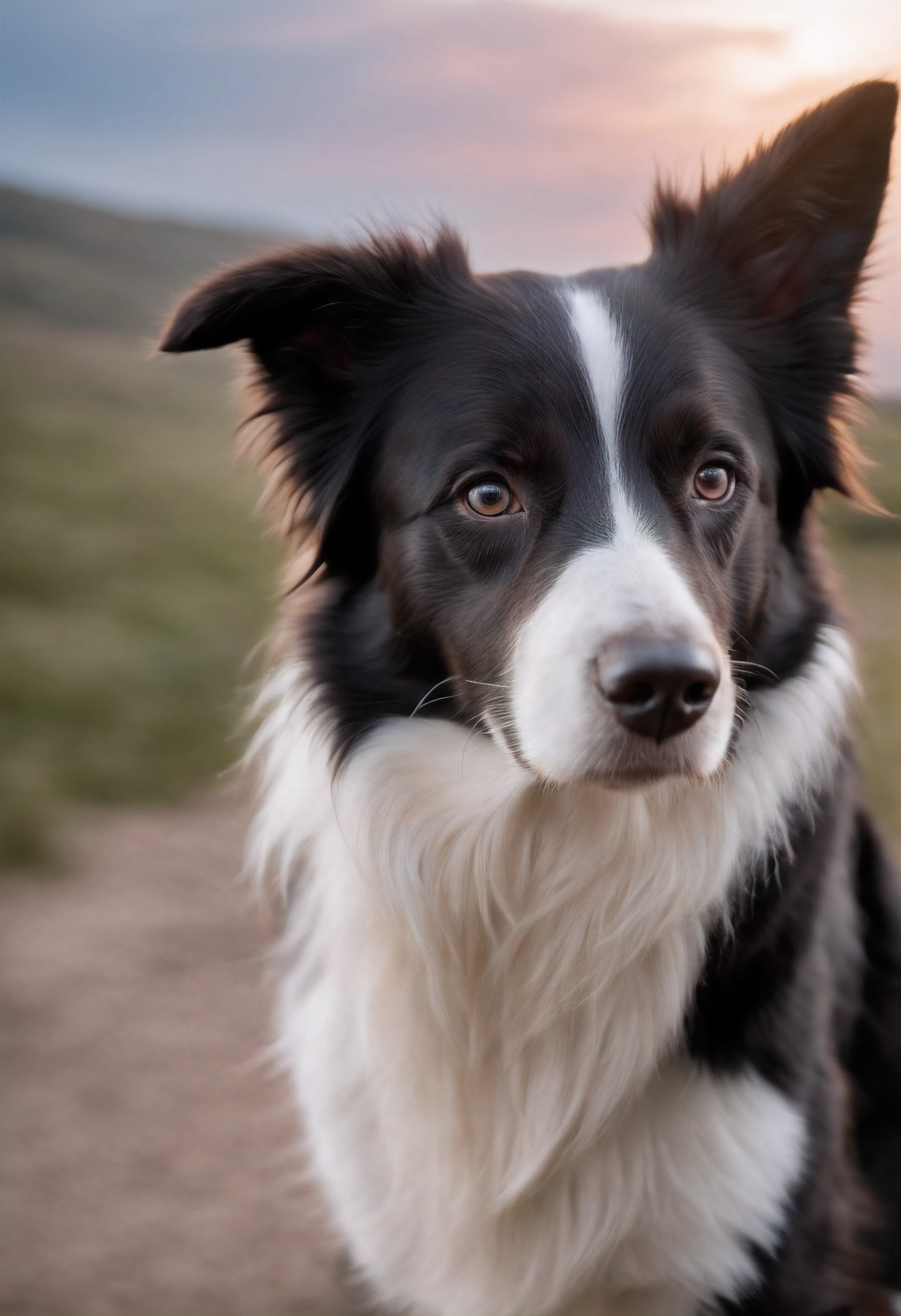 (Nvinkpunk:1.2) (Estilo SNTHWVE:0.8) um cachorro Border Collie, antro, onda de luz, Sunny midday sky with lots of clouds, intrincado, altamente detalhado
