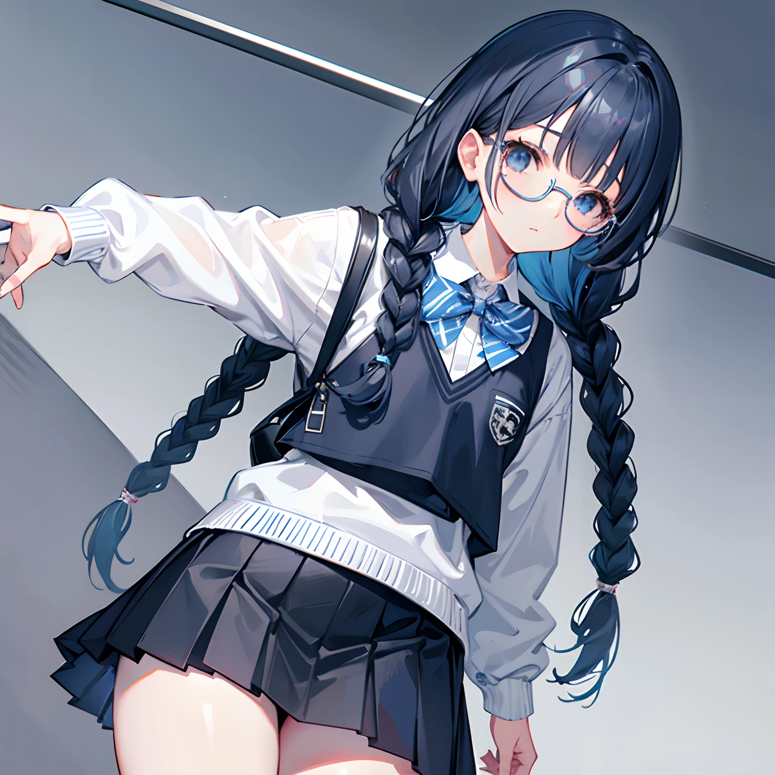 Gray and dark blue hair,With braids,Comes with a pair of thick-rimmed glasses,wearing white clothes,JK school uniform,Black cloth skirt,This is a sweet little