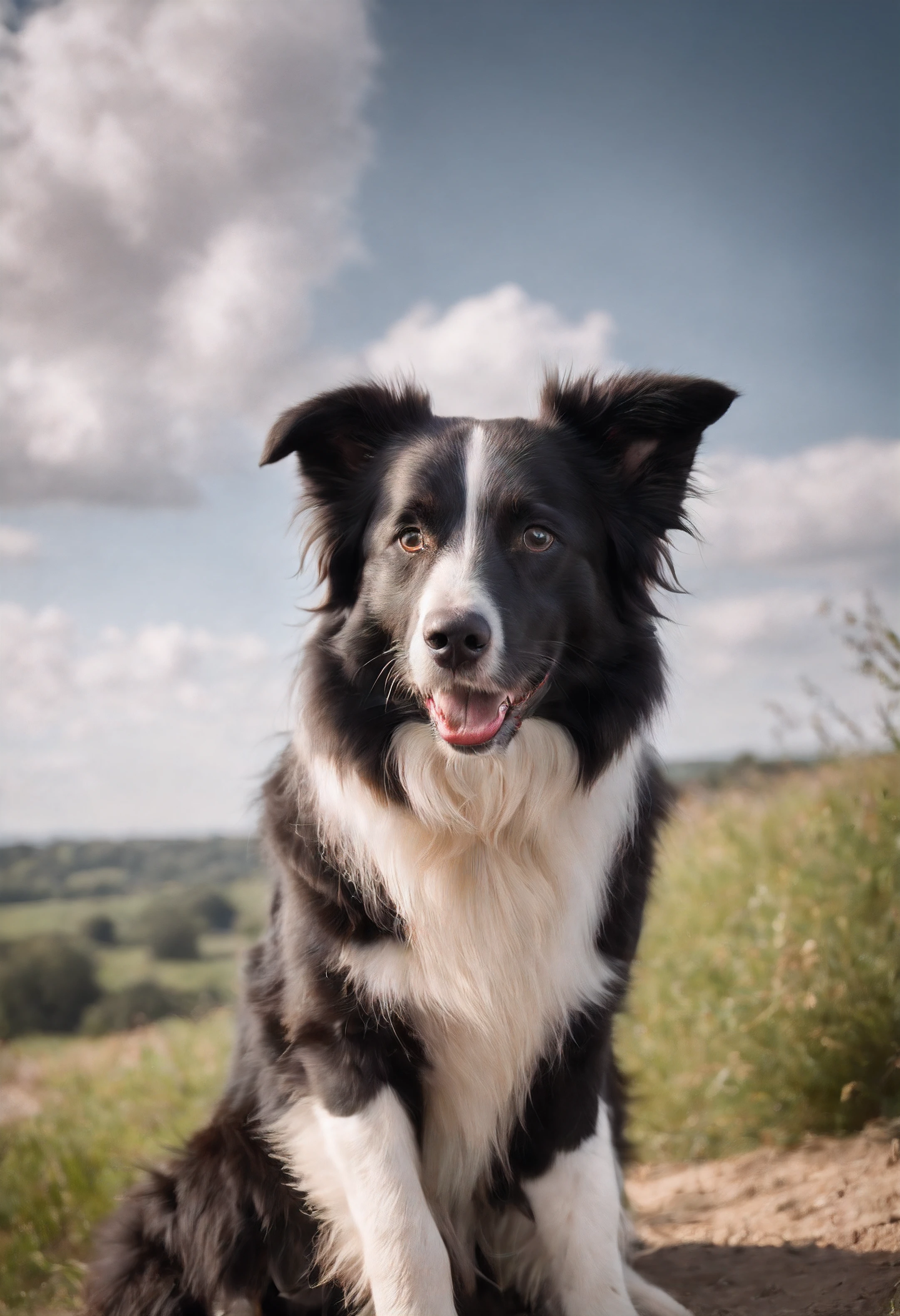 (Nvinkpunk:1.2) (Estilo SNTHWVE:0.8) um cachorro Border Collie, antro, onda de luz, Sunny midday sky with lots of clouds, intrincado, altamente detalhado