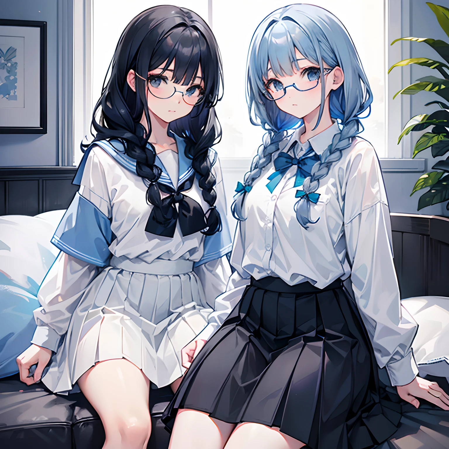 Gray and dark blue hair，With braids，Comes with a pair of thick-rimmed glasses，wearing white clothes，JK school uniform，Black cloth skirt，This is a sweet little loli