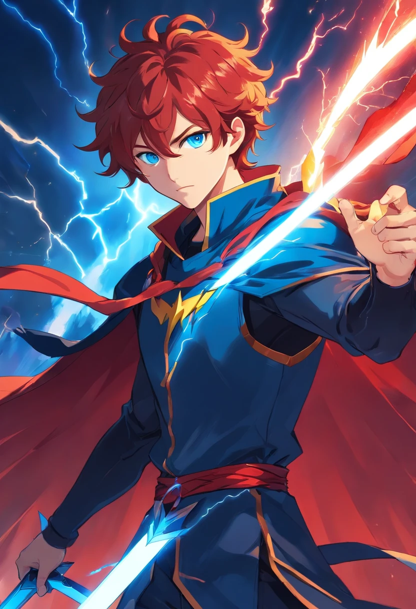 A man with blood-red curly hair and vibrant blue eyes is a blood wing holding a black lightning bolt sword and a black and red cape