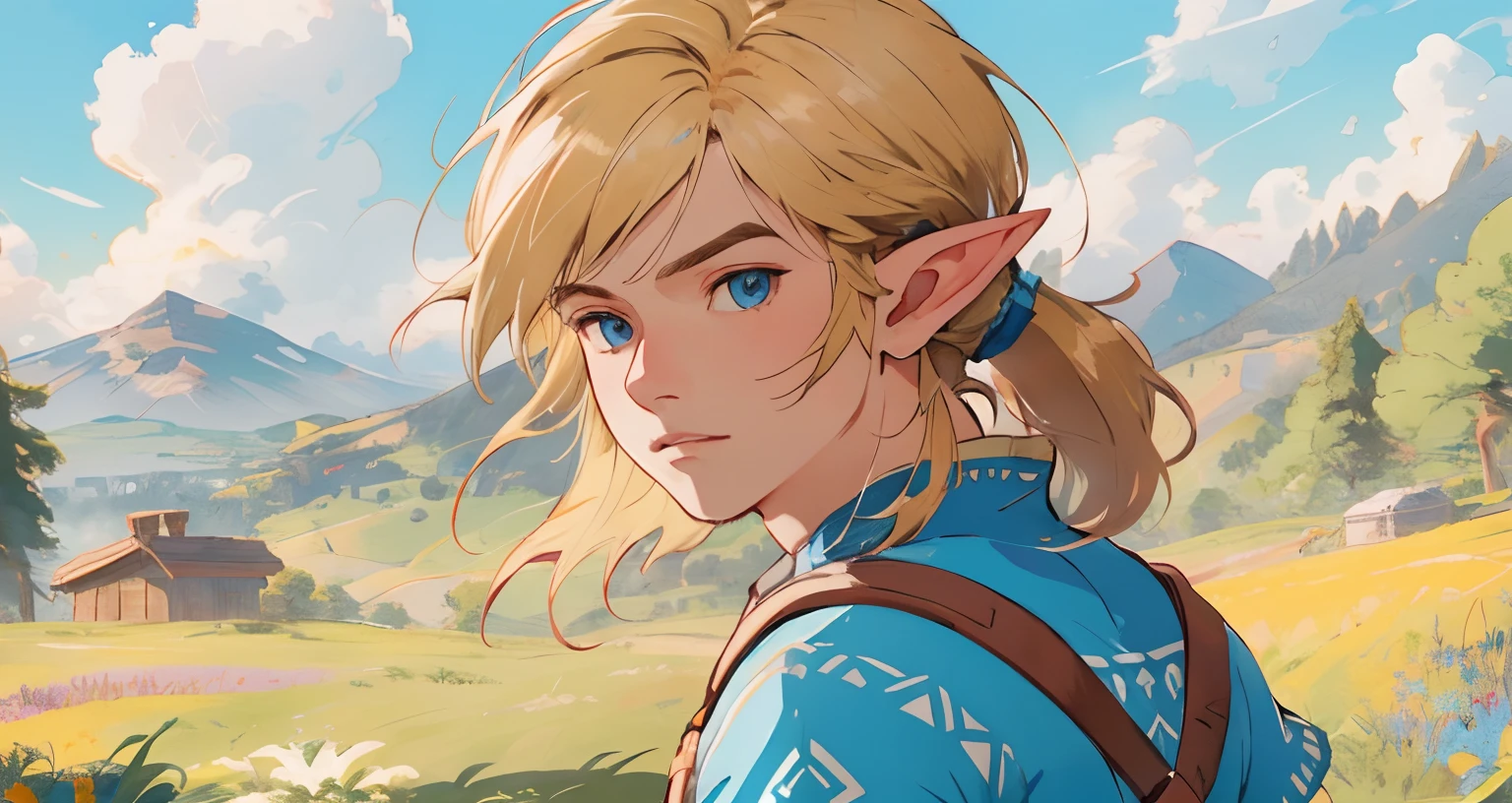 (Award Winning Digital Artwork:1.3) of (Ultra detailed:1.3) solo male, 1 guy, (bright blue eyes), (short blond hair, small ponytail with bangs and side locks 1.3), beautiful forest, handsome, straps, gorgeous,CGSociety,ArtStation, forest, fantasy, breath of the wild, botw, extremely detailed face, detailed face, beautiful detailed eyes, clear eyes, beautiful hair. Hyrule kingdom, rolling hills, amazing background, beautiful fields, (wildlife) wide open fields, dancing grass, blue skies, lovely skies, big clouds, masterpiece, perfections, wallpaper, 8k, link, tloz, ((handsome elf man)) looking back at viewer, adventurer, on an adventure