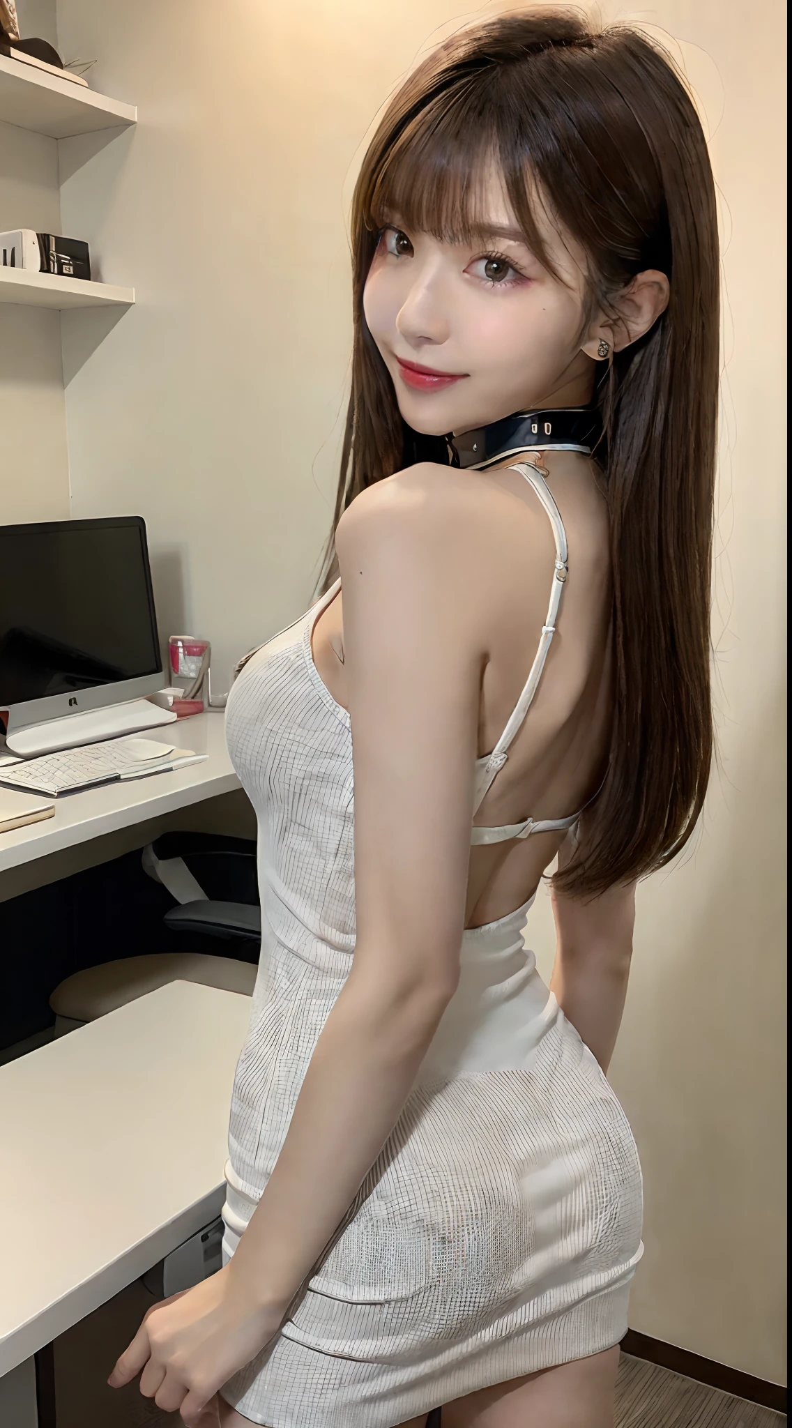 (Best Quality, 8K, masutepiece, Ultra HD: 1.3), 1girl in, smallunderboob, light brown hair, Blunt bangs, hair behind ear, hair over shoulder, Long hair, slender body shape, Ultra Fine Face, Delicate lips, Beautiful eyes, Double eyelids, lipsticks,A gaze that invites you, Ultra-thin hands, Ultra-fine fingers, shirt with collar, Tight Dress, beauty legs ,pumps.s Office、KPOP Idol Face,ssmile