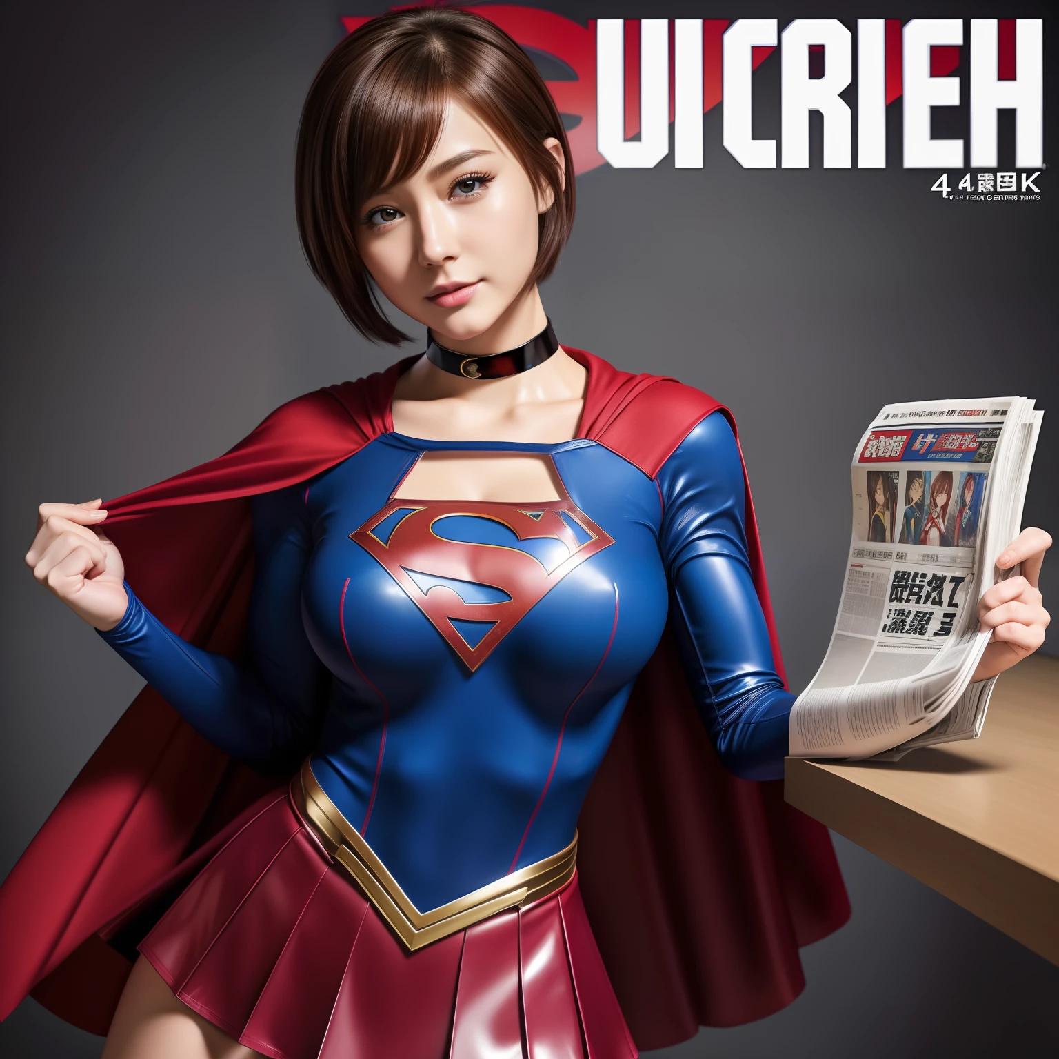 (Best Quality,4K,8K,hight resolution,masutepiece:1.2),Ultra-detailed,Realistic:1.37,Super masterpiece,Short-haired Supergirl、large full breasts、Looking at the camera、Glossy costume、a choker、Too short miniskirt、Magazine covers、English Newspapers