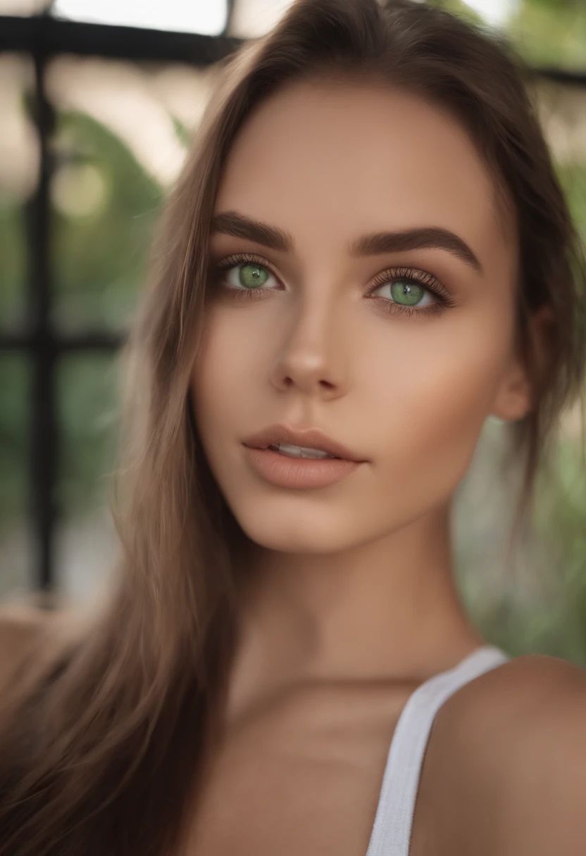 arafed woman with a white tank top and a necklace, sexy girl with green eyes, portrait sophie mudd, brown hair and large eyes, selfie of a young woman, bedroom eyes, violet myers, without makeup, natural makeup, looking directly at the camera, face with artgram, subtle makeup, stunning full body shot, piercing green eyes,completely naked show her